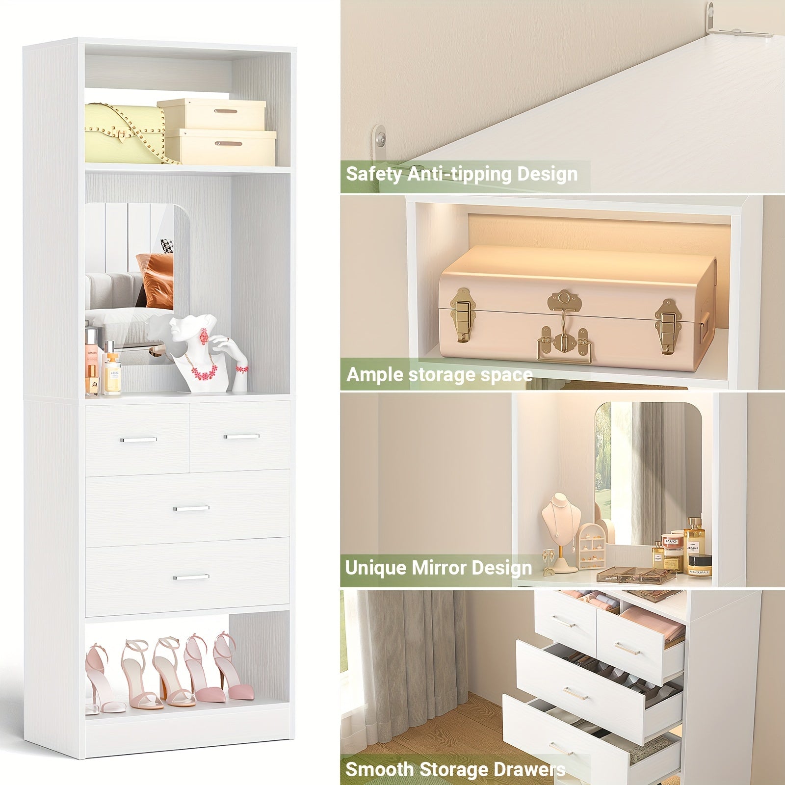 Unikito 25 Inch Closet System with 4 Drawers, 2FT Wood Closet Organizer with Storage Shelves And Mirror Design, Freestanding Sturdy Walk in Closet Tower for Bedroom, 25\