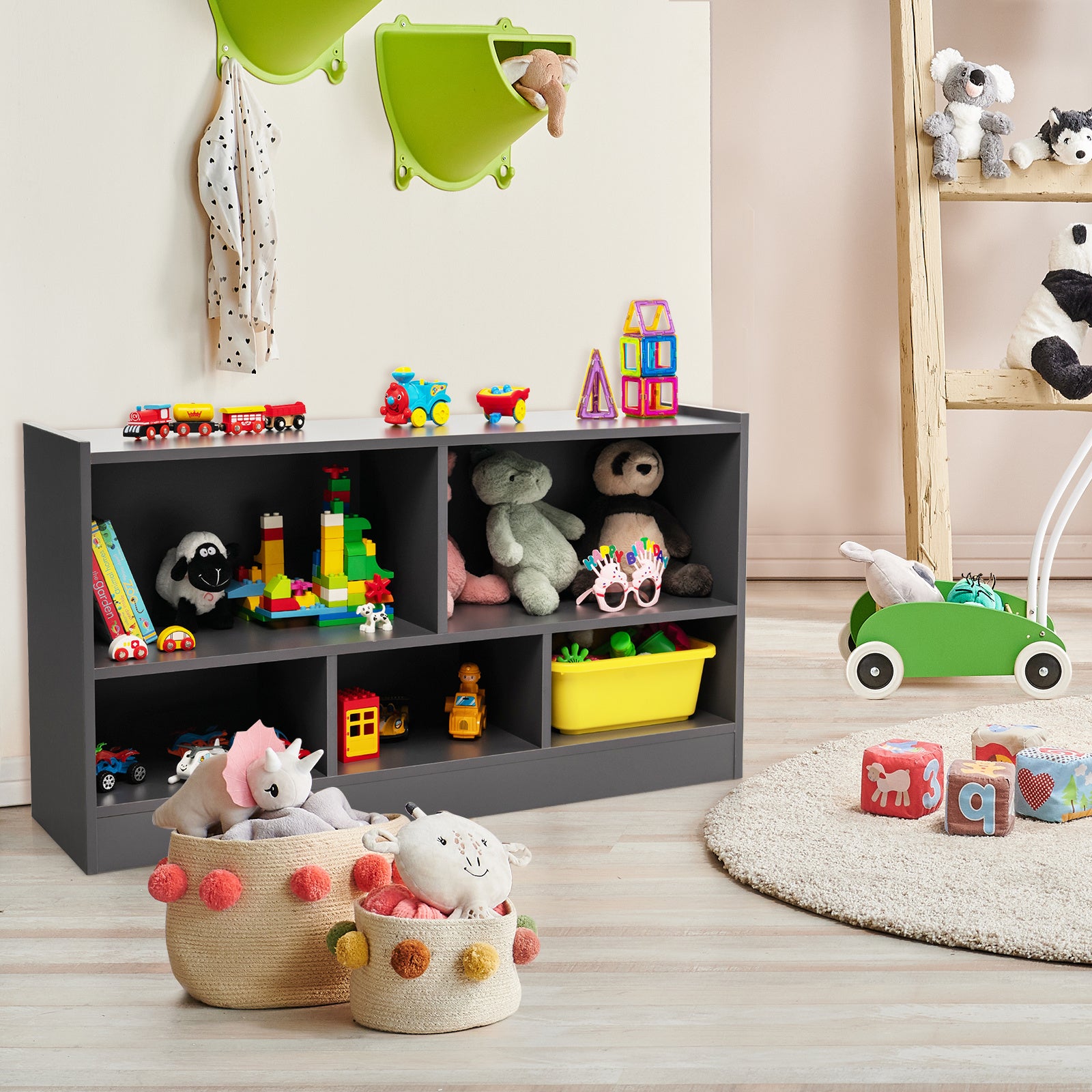 COSTWAY Kids 5-Cube Toy Storage Cabinet 2-Shelf Wooden Bookcase School Organizer Grey\u002FWhite