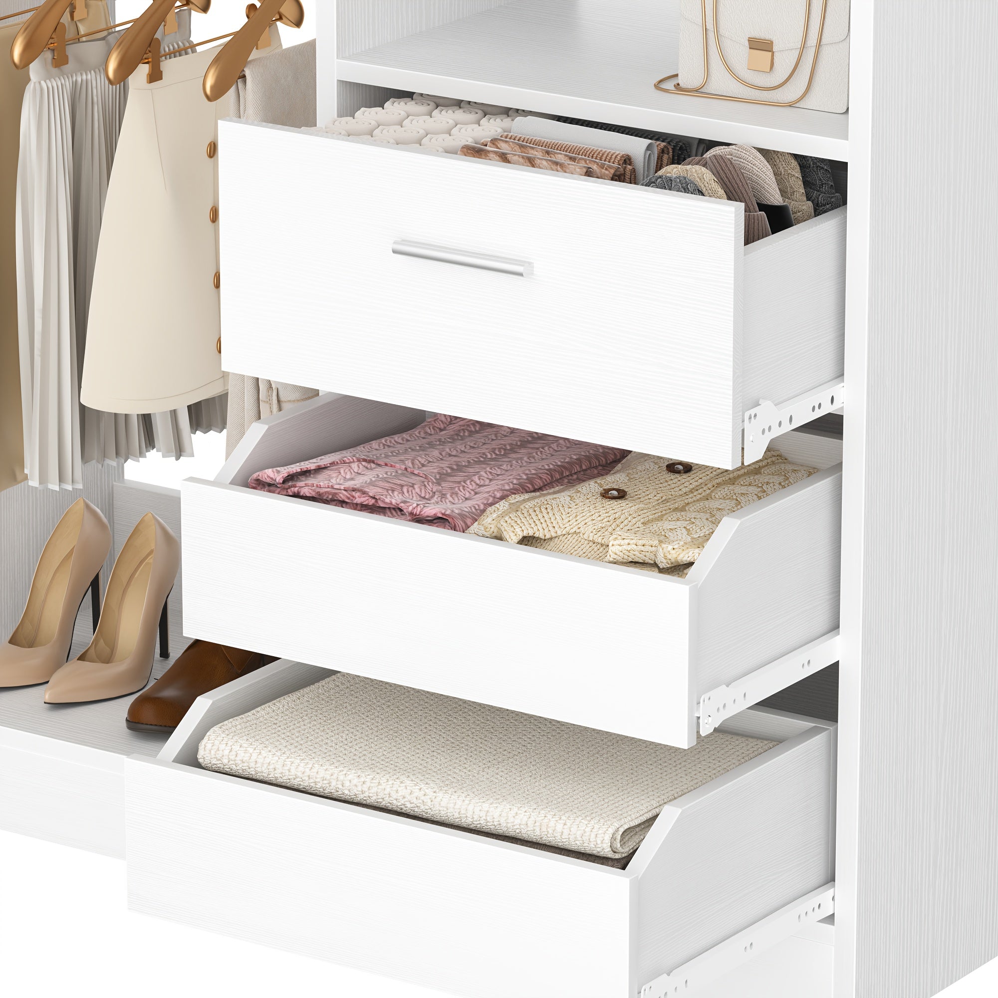 Freestanding Closet System with 3 Drawers - 3ft Wood Closet Organizer System with 2 Hanging Rods And 3 Shelves, Built-In Garment Rack, 36\