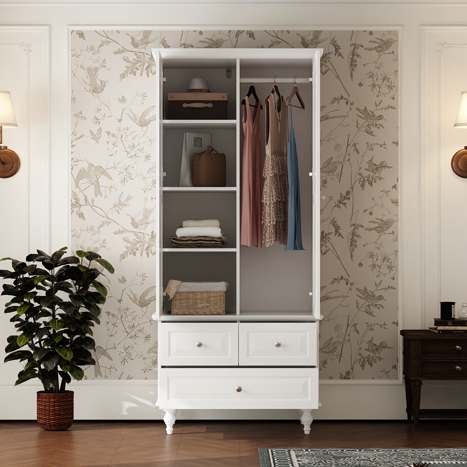 Stylish Wardrobe Cabinet Featuring Three Drawers And Four Shelves, Equipped with a Hanging Rod, Storage Unit with Handles And Wooden Legs, Suitable for Bedrooms And Guest Rooms, Offering Ample Storage Capacity, in White Color