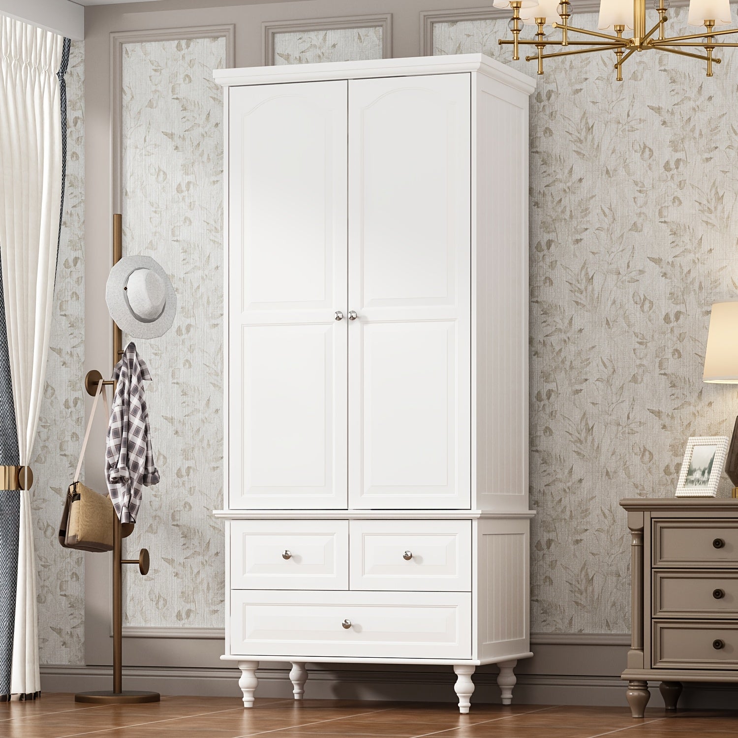 Stylish Wardrobe Cabinet Featuring Three Drawers And Four Shelves, Equipped with a Hanging Rod, Storage Unit with Handles And Wooden Legs, Suitable for Bedrooms And Guest Rooms, Offering Ample Storage Capacity, in White Color