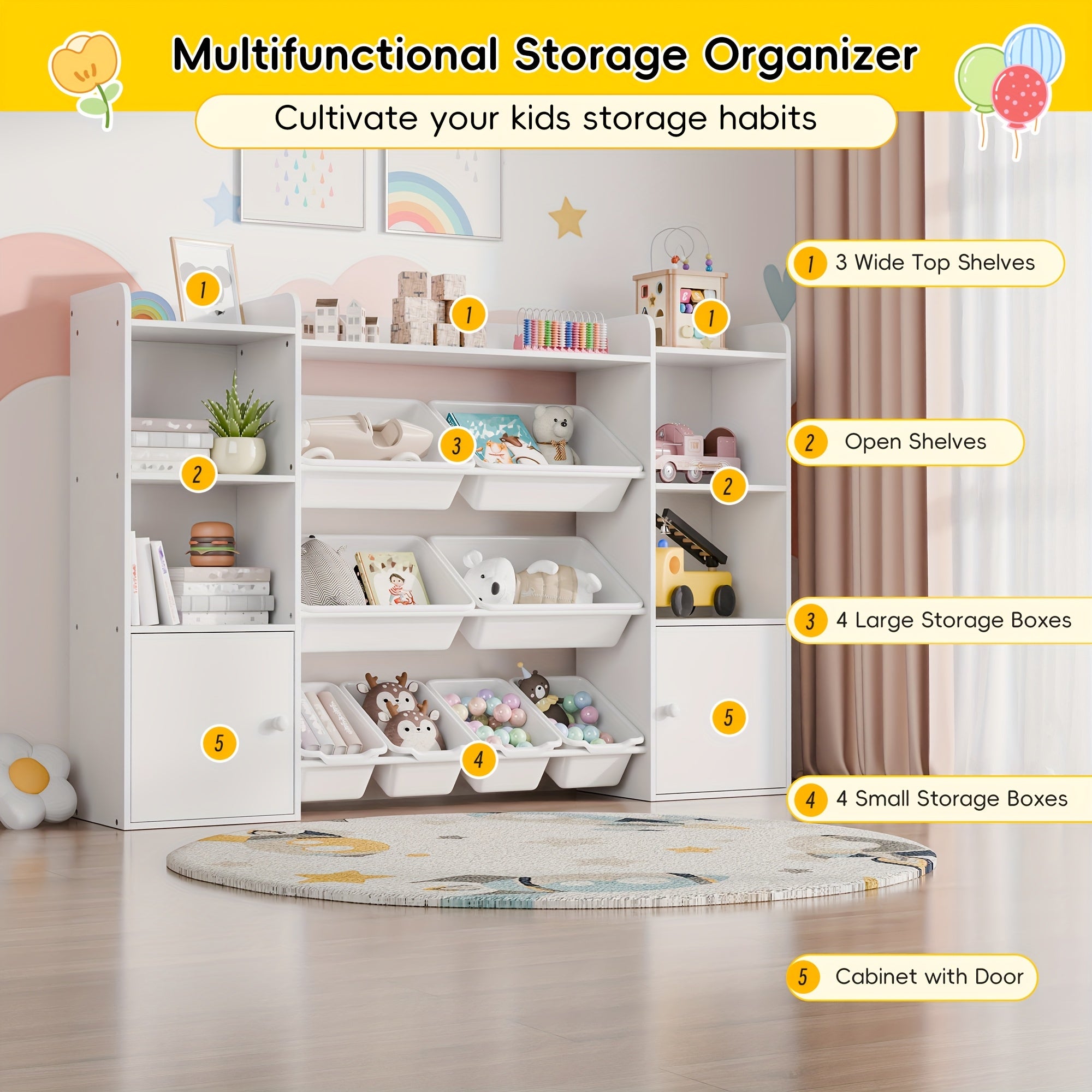 Kids Toy Storage Organizer W\u002F8 Removable Toy Bins, 4-Tier Toy Organizers W\u002F6 Storage Cubbies, Kids Bookshelf And Toy Storage for Playroom, Bedroom, Kids Room, Classroom