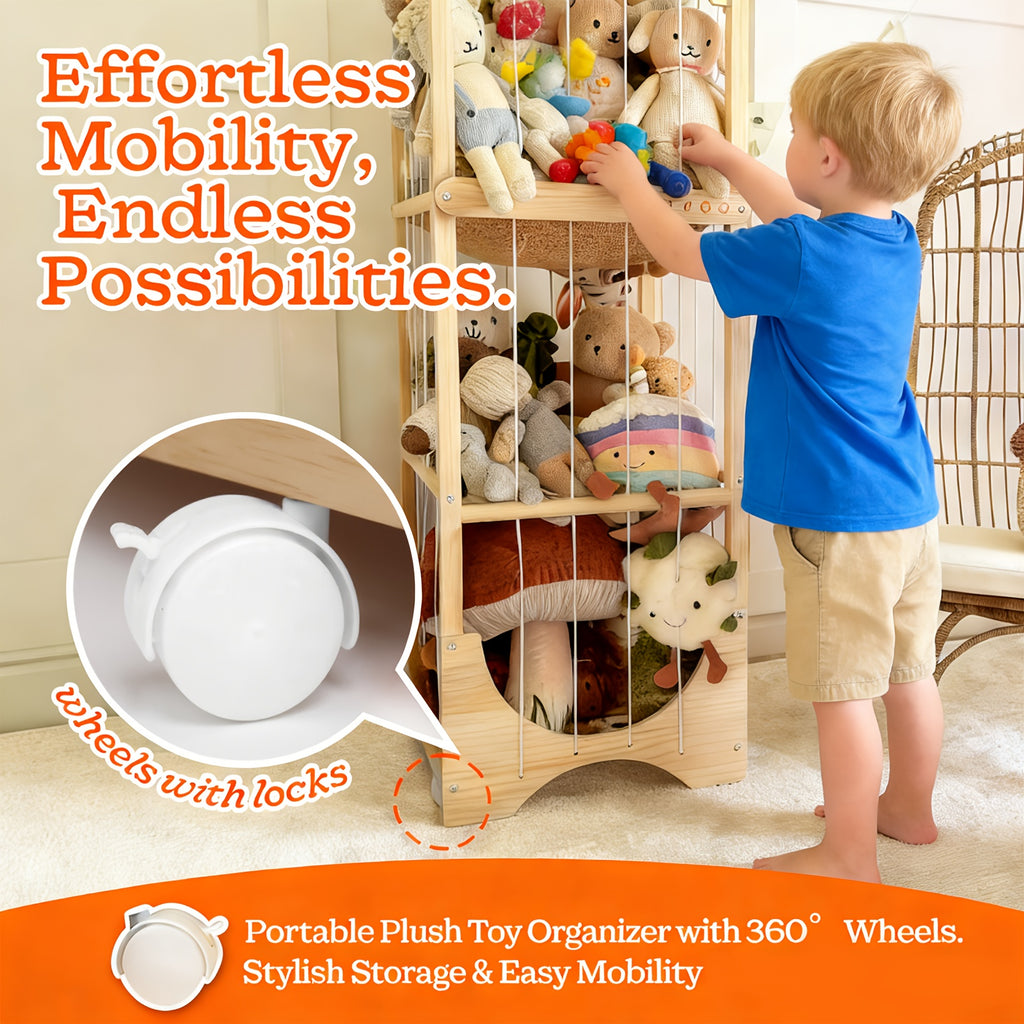 Fodoss Wooden Animal Storage Shelf with 360° Rotating Shelves & Mobile Base - Wood Toy Suitable for Children's Playroom,, Room, Sturdy Cart with Spacious Shelves for and Stuffed Animals