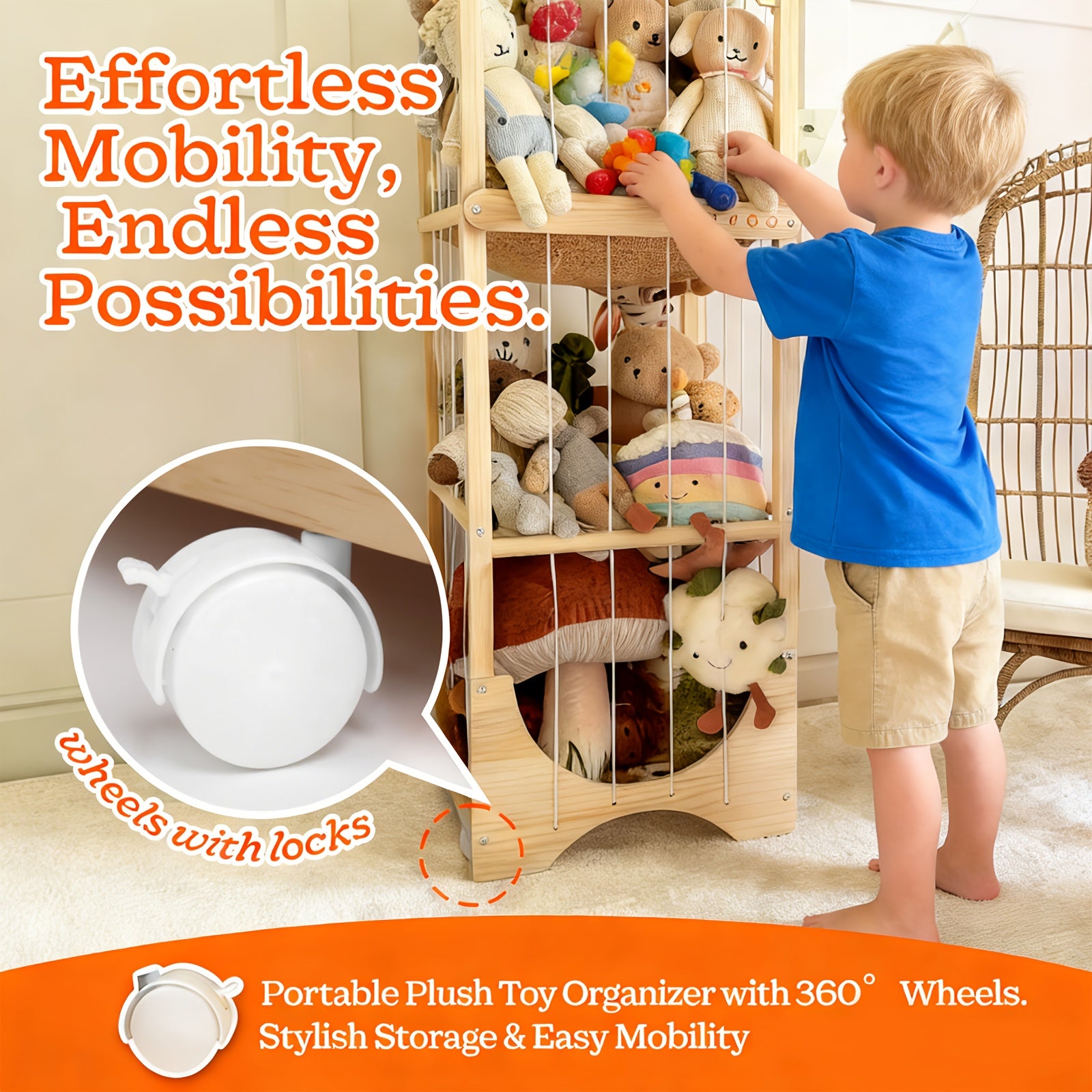 Fodoss Wooden Animal Storage Shelf with 360° Rotating Shelves & Mobile Base - Wood Toy Suitable for Children's Playroom,, Room, Sturdy Cart with Spacious Shelves for and Stuffed Animals