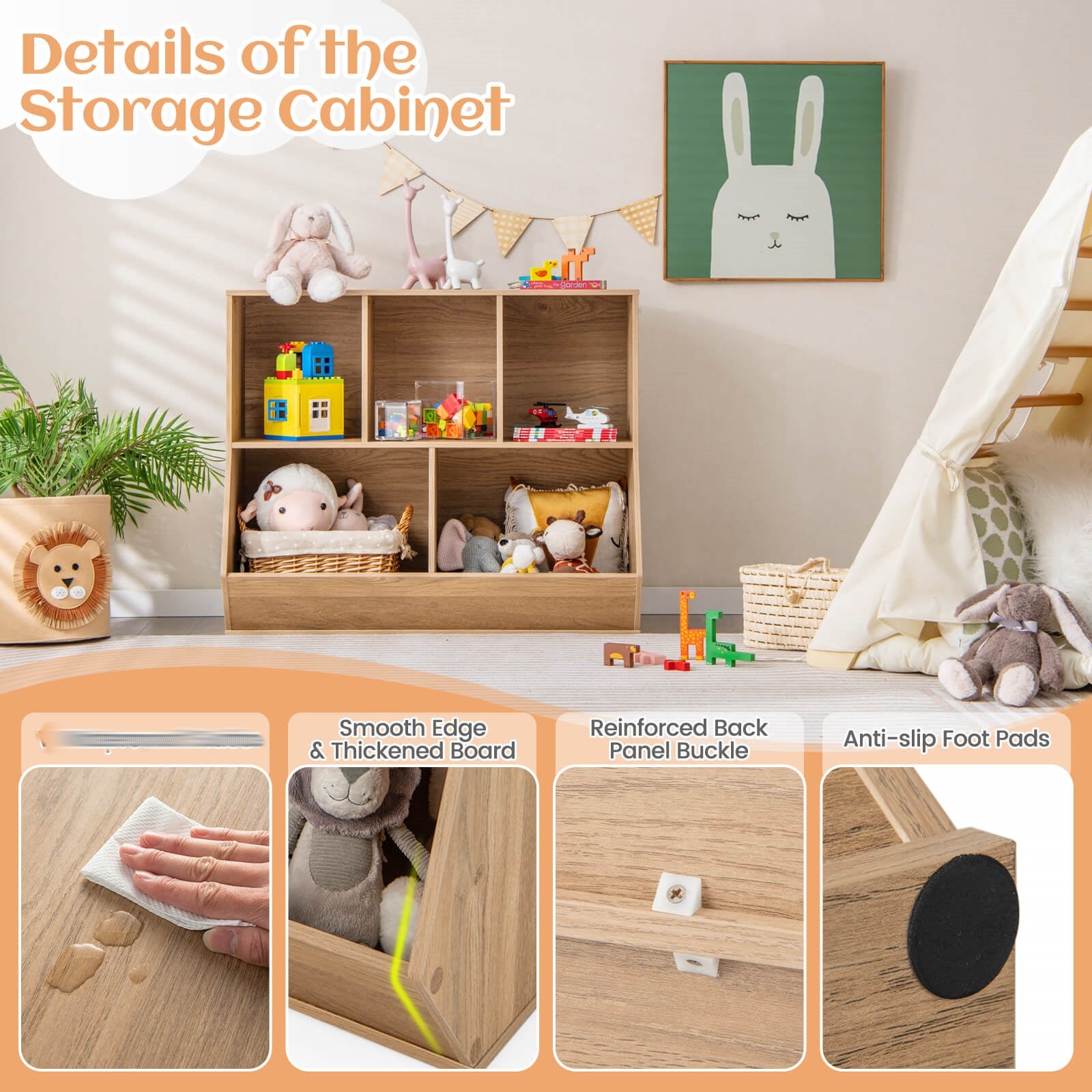 COSTWAY 5-Cubby Kids Toy Storage Organizer Wooden Bookshelf Display Cabinet White\u002FNatural