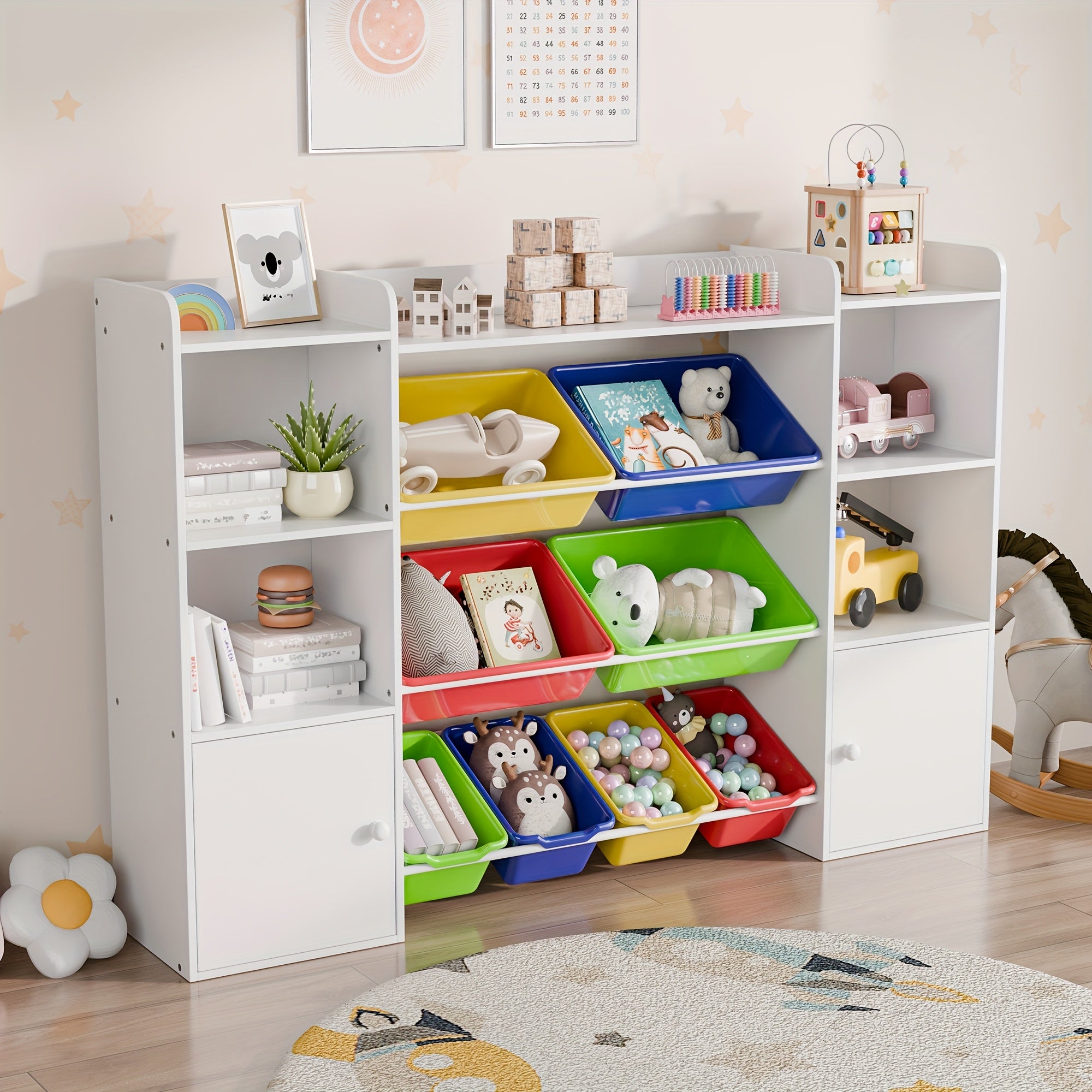 Kids Toy Storage Organizer W\u002F8 Removable Toy Bins, 4-Tier Toy Organizers W\u002F6 Storage Cubbies, Kids Bookshelf And Toy Storage for Playroom, Bedroom, Kids Room, Classroom