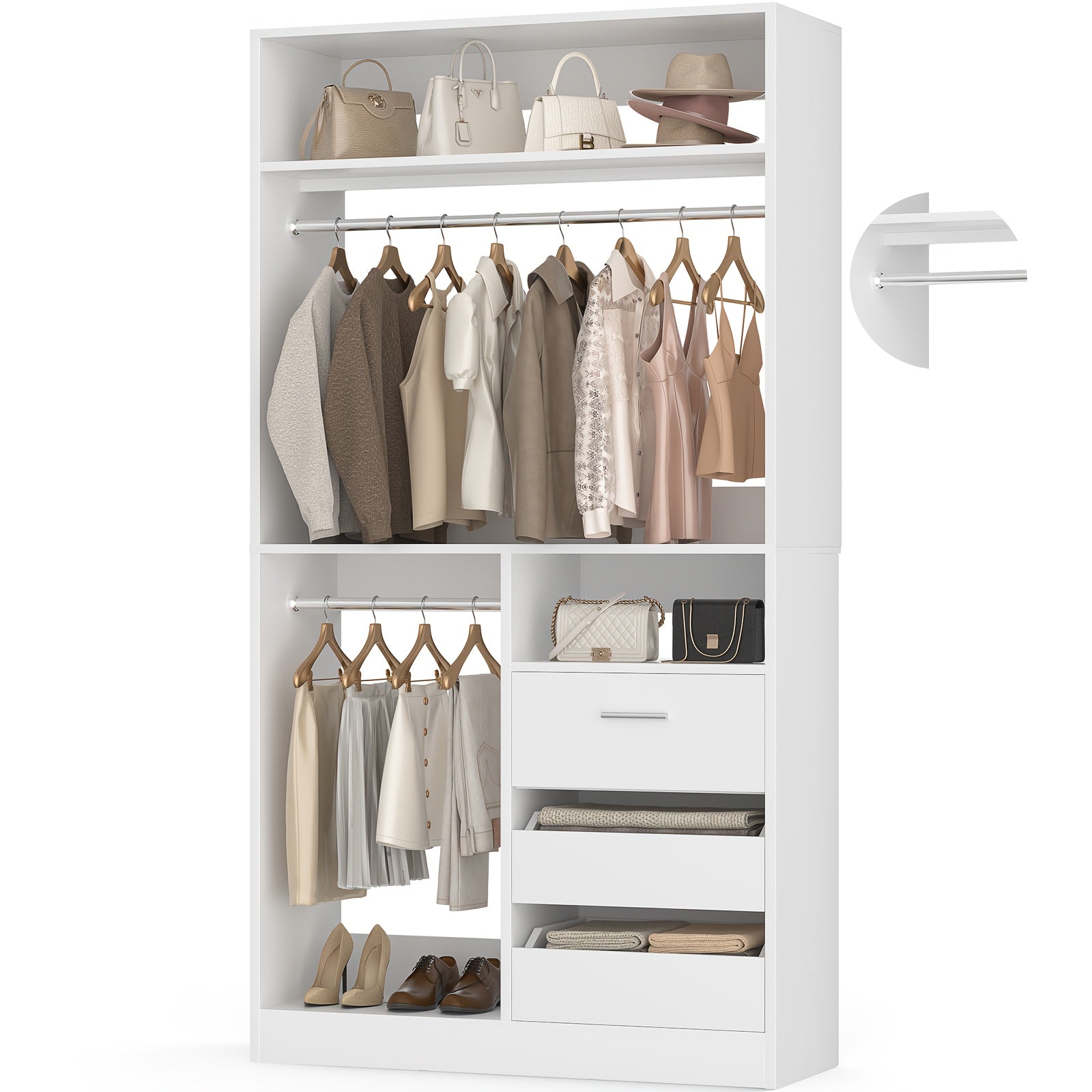 Freestanding Closet System with 3 Drawers - 3ft Wood Closet Organizer System with 2 Hanging Rods And 3 Shelves, Built-In Garment Rack, 36\