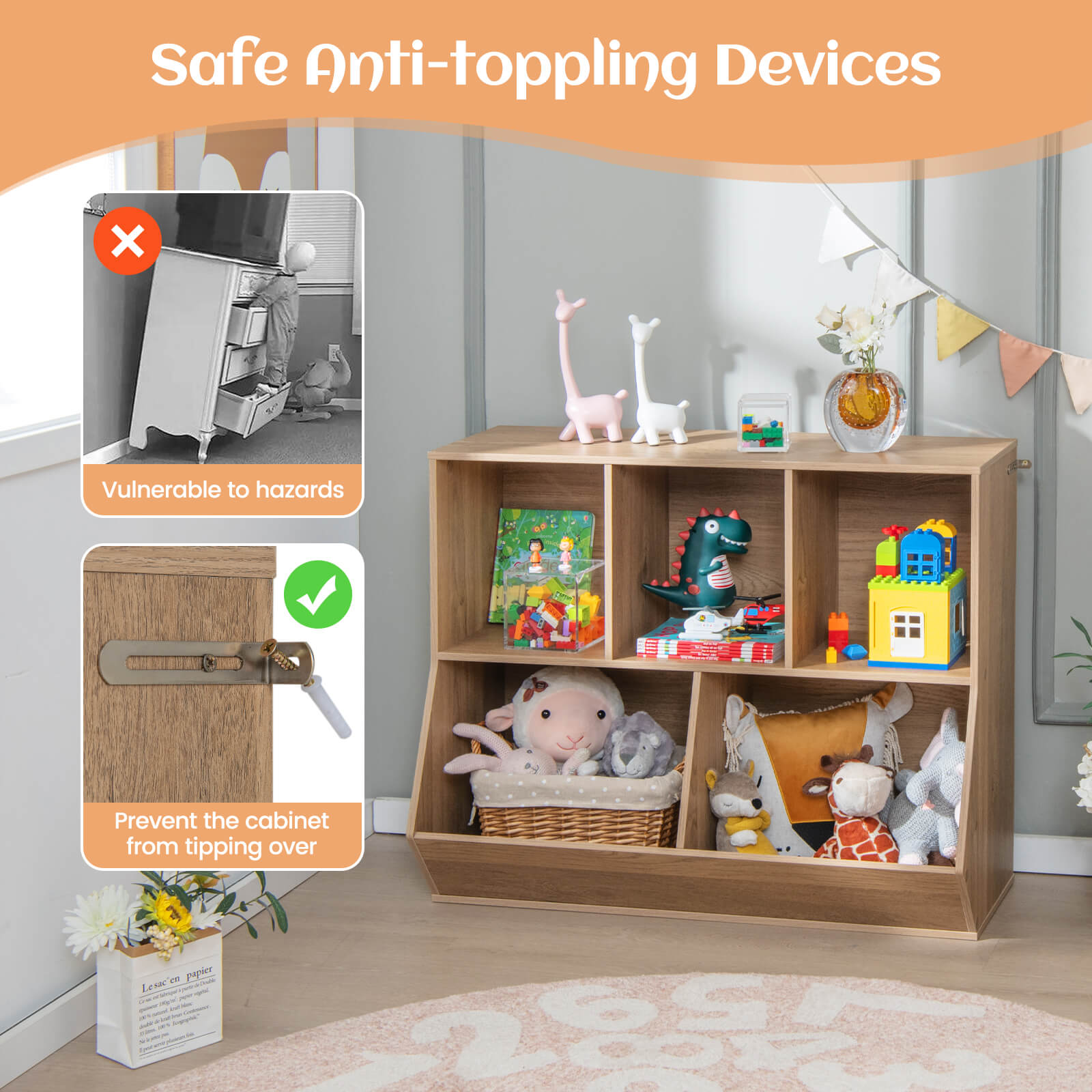 COSTWAY 5-Cubby Kids Toy Storage Organizer Wooden Bookshelf Display Cabinet White\u002FNatural