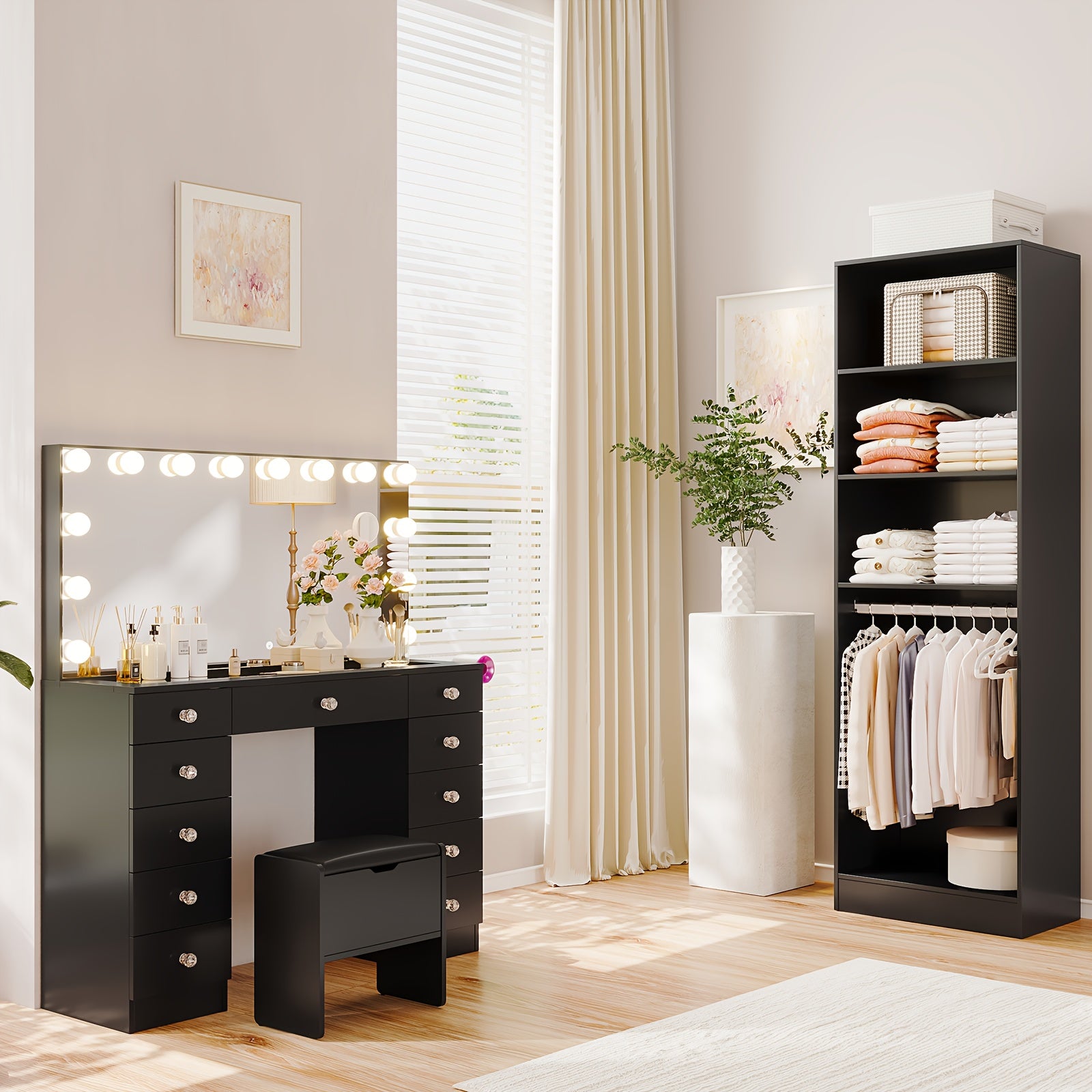 Freestanding Wardrobe Closet, Multi-Functional Clothing Cabinet for Hanging Clothes, Wood Closet Organizer System, Walk-in Closet for Bedroom, Entryway
