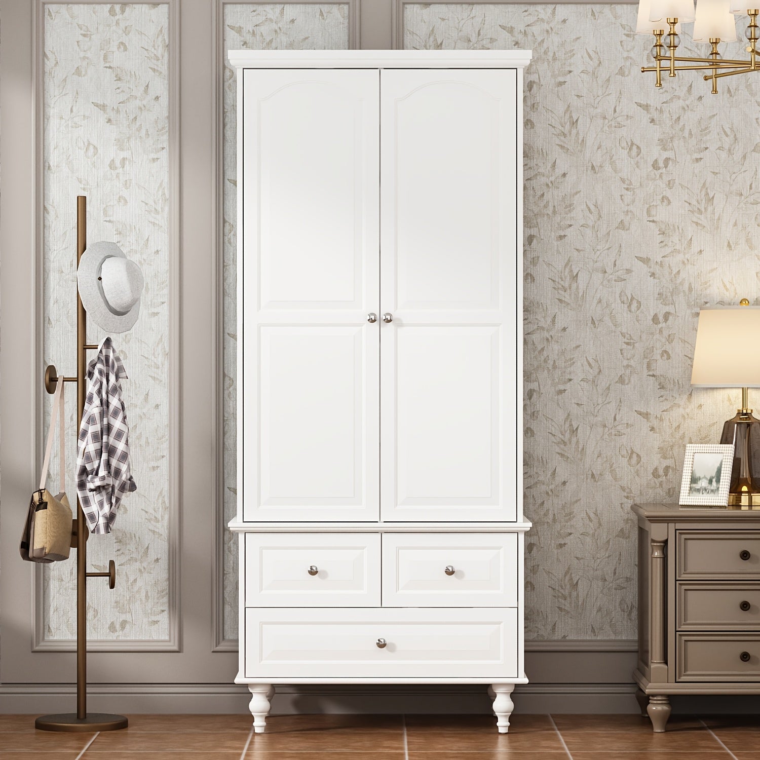 Stylish Wardrobe Cabinet Featuring Three Drawers And Four Shelves, Equipped with a Hanging Rod, Storage Unit with Handles And Wooden Legs, Suitable for Bedrooms And Guest Rooms, Offering Ample Storage Capacity, in White Color