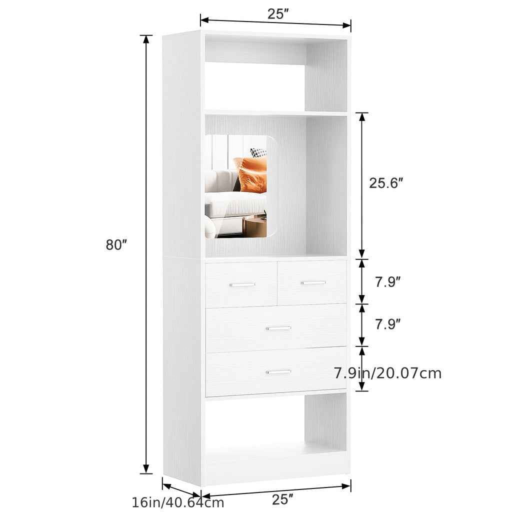 Unikito 25 Inch Closet System with 4 Drawers, 2FT Wood Closet Organizer with Storage Shelves And Mirror Design, Freestanding Sturdy Walk in Closet Tower for Bedroom, 25\