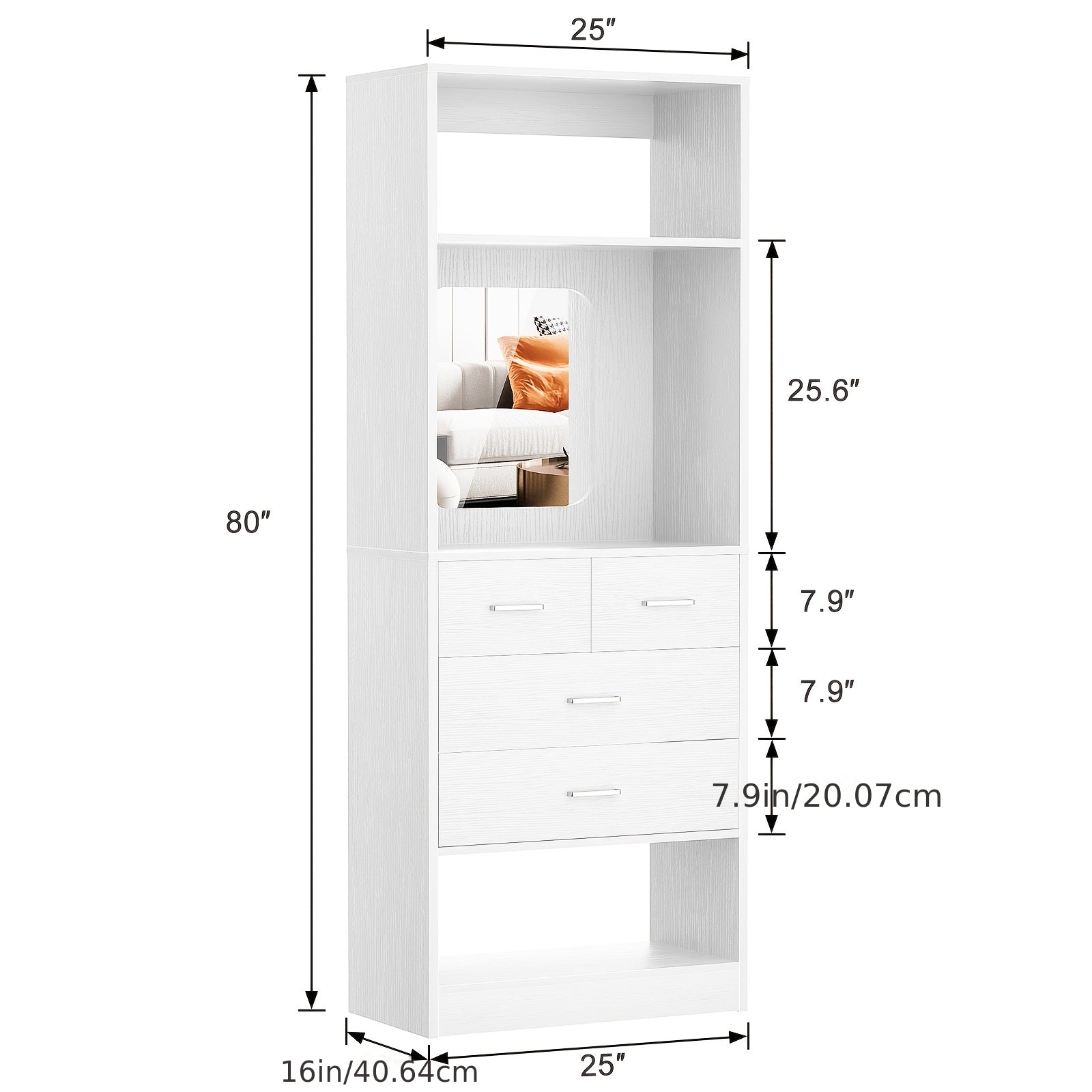 Unikito 25 Inch Closet System with 4 Drawers, 2FT Wood Closet Organizer with Storage Shelves And Mirror Design, Freestanding Sturdy Walk in Closet Tower for Bedroom, 25\