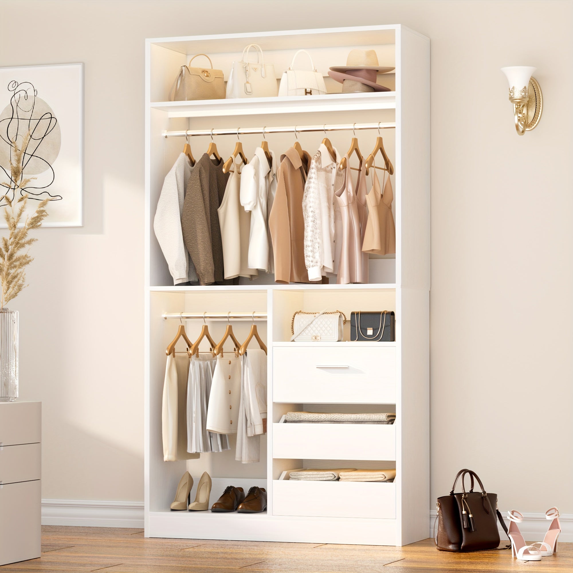 Freestanding Closet System with 3 Drawers - 3ft Wood Closet Organizer System with 2 Hanging Rods And 3 Shelves, Built-In Garment Rack, 36\
