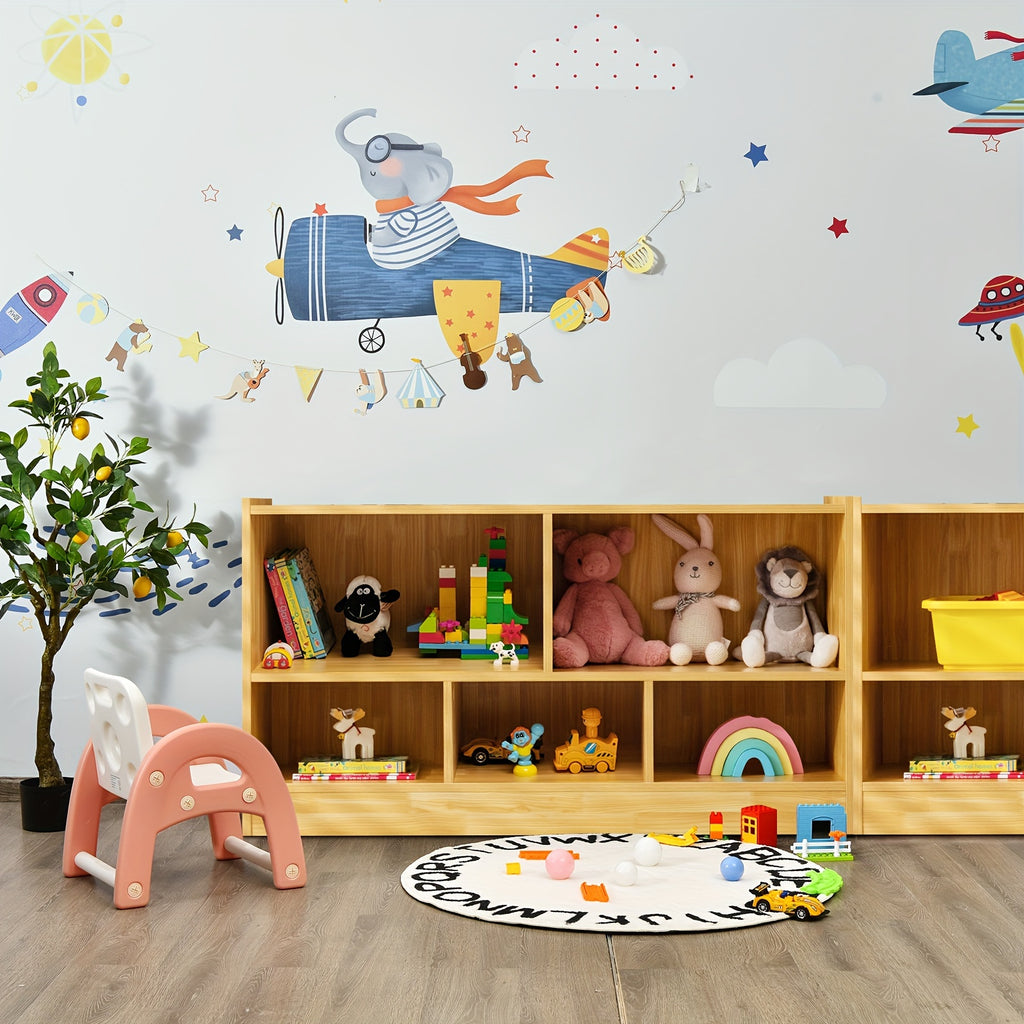 Beige Wooden Toy Storage Cabinet with 2 Shelves And 5 Cubes., Toy Storage Box