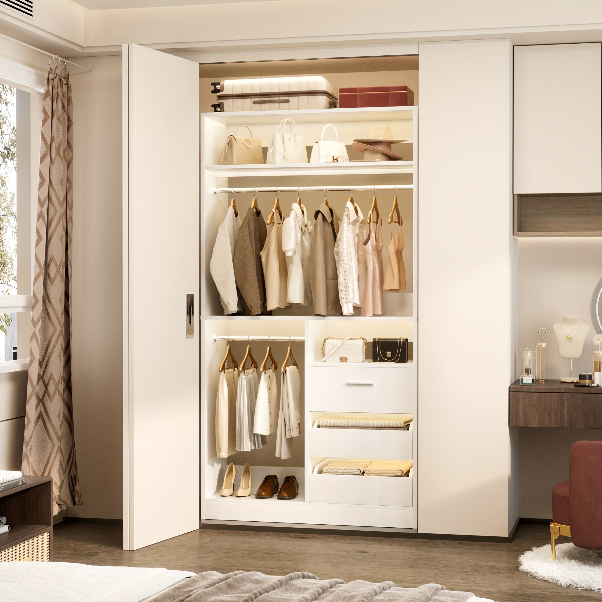 Freestanding Closet System with 3 Drawers - 3ft Wood Closet Organizer System with 2 Hanging Rods And 3 Shelves, Built-In Garment Rack, 36\