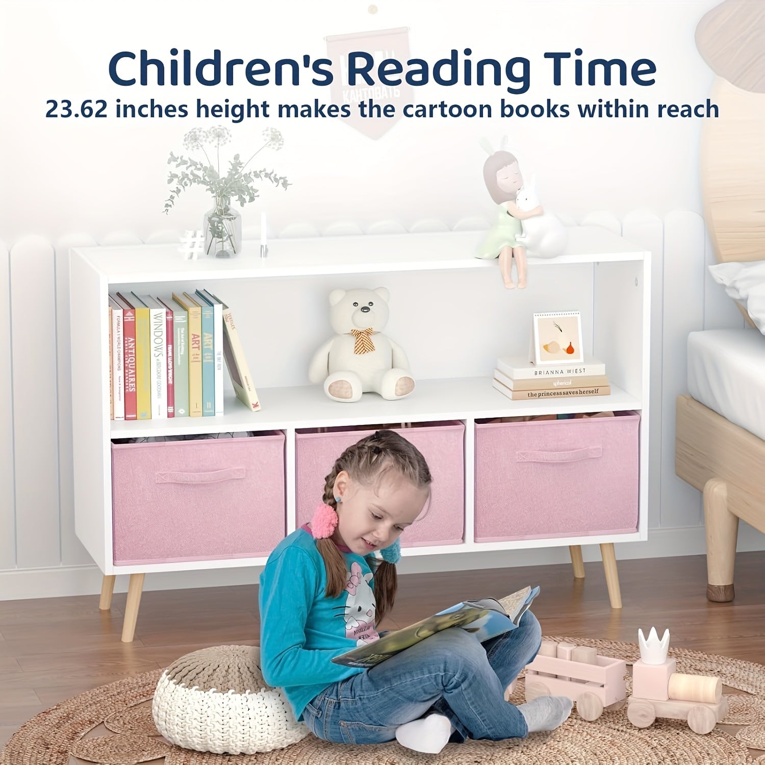 Kids Bookcase & Bookshelf with 3 Collapsible Fabric Drawers - ' Toy Storage Shelf & Book Display, Multi-Shelf Cubby Organizer for ' Room, Playroom, - Durable Children's Furniture (Space-Saving)