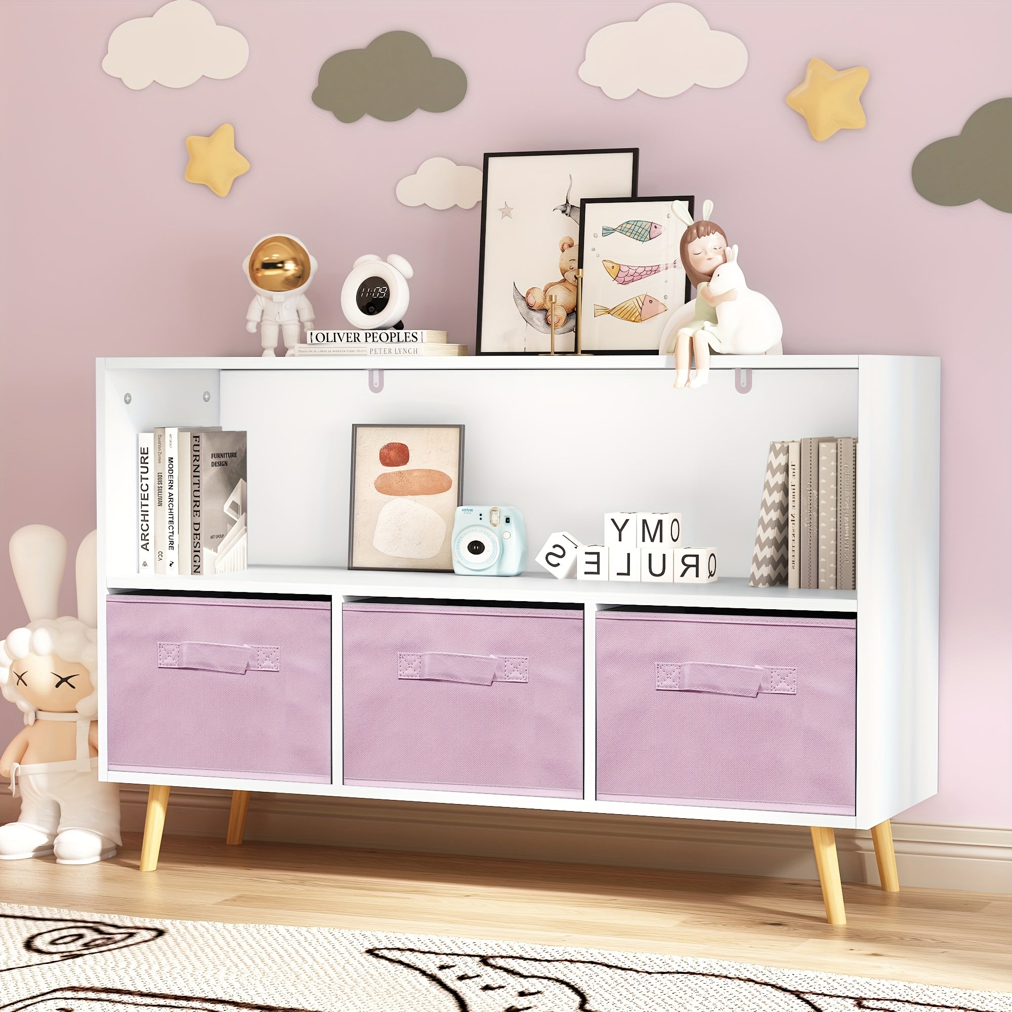 Kids Bookcase & Bookshelf with 3 Collapsible Fabric Drawers - ' Toy Storage Shelf & Book Display, Multi-Shelf Cubby Organizer for ' Room, Playroom, - Durable Children's Furniture (Space-Saving)