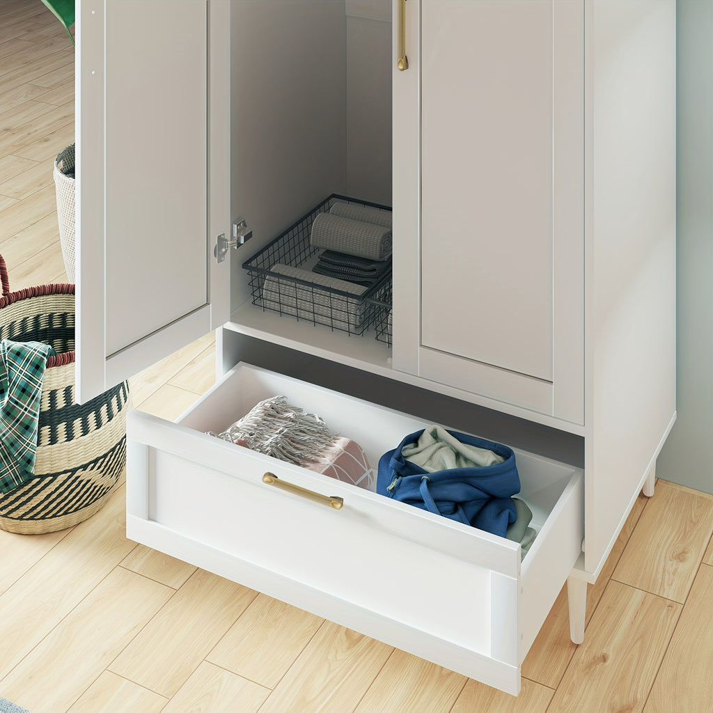 Modern Freestanding Wardrobe With Drawers, Double Doors, 60-Inch Large Capacity Storage Cabinet With Hanging Rod, Ideal For Bedroom Home Organization
