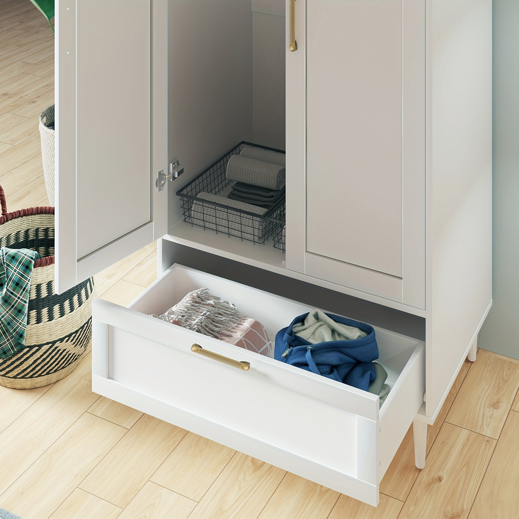 Modern Freestanding Wardrobe With Drawers, Double Doors, 60-Inch Large Capacity Storage Cabinet With Hanging Rod, Ideal For Bedroom Home Organization