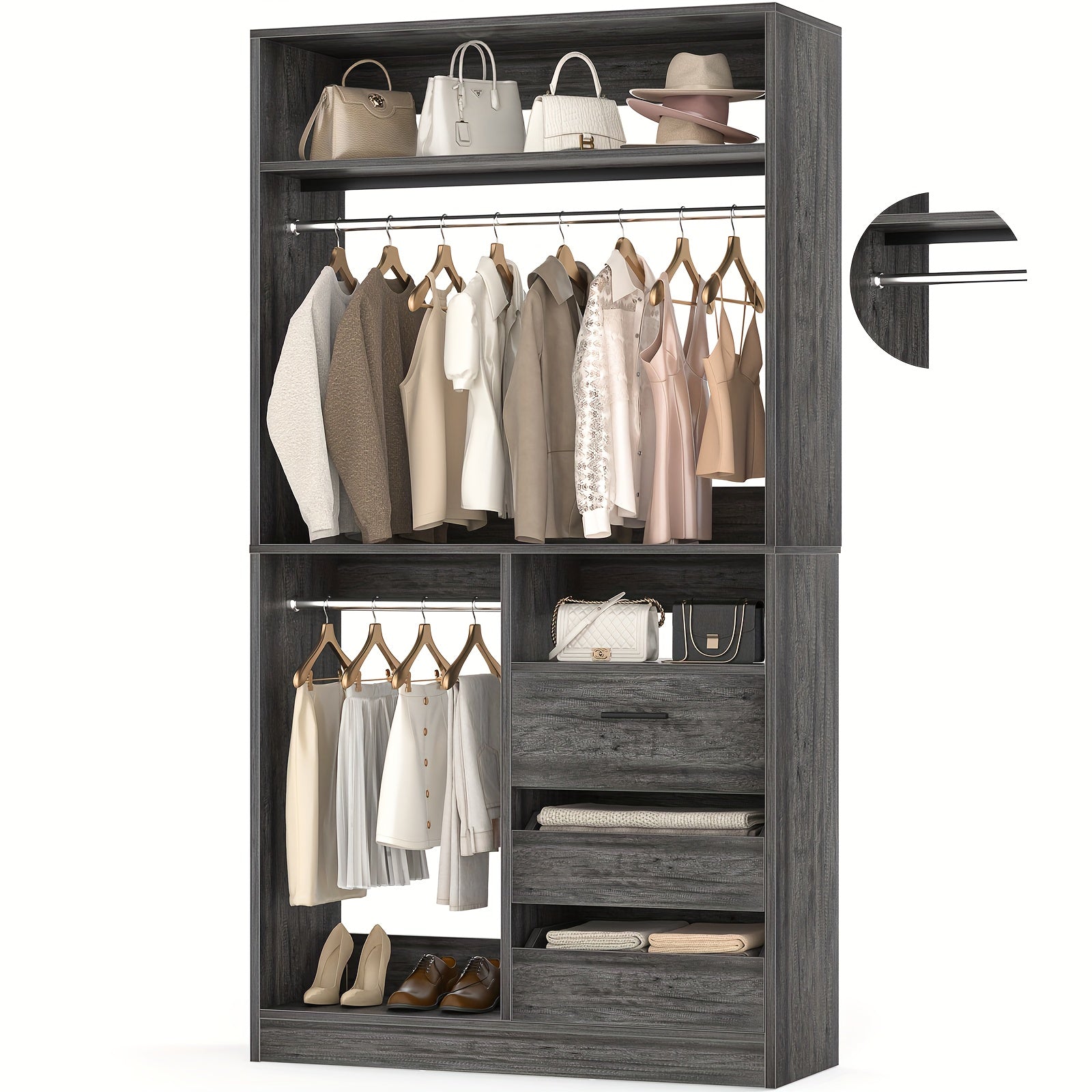 Freestanding Closet System with 3 Drawers - 3ft Wood Closet Organizer System with 2 Hanging Rods And 3 Shelves, Built-In Garment Rack, 36\