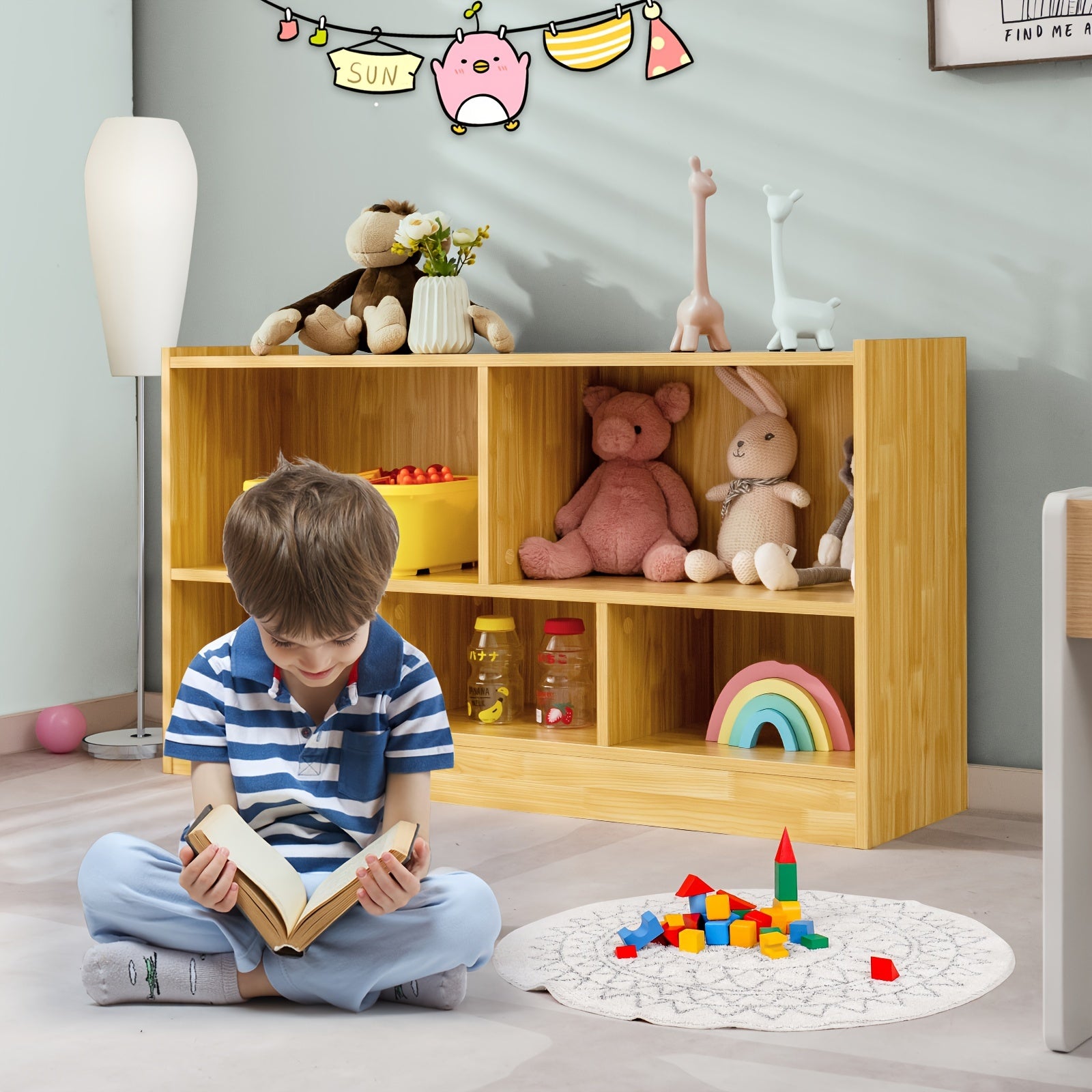 Beige Wooden Toy Storage Cabinet with 2 Shelves And 5 Cubes., Toy Storage Box