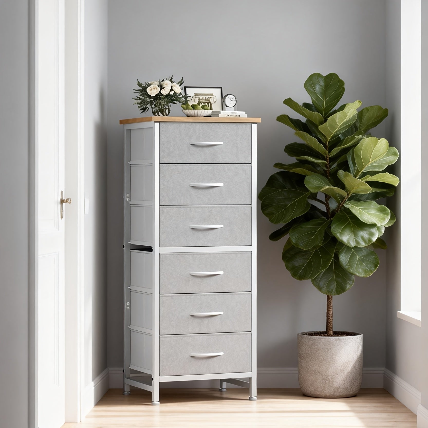 Tall 6-Drawer Fabric Storage Dresser - Metal Frame with Cross Support, Anti-Tip Design & Wood Top for Bedroom, Office, Compact Spaces