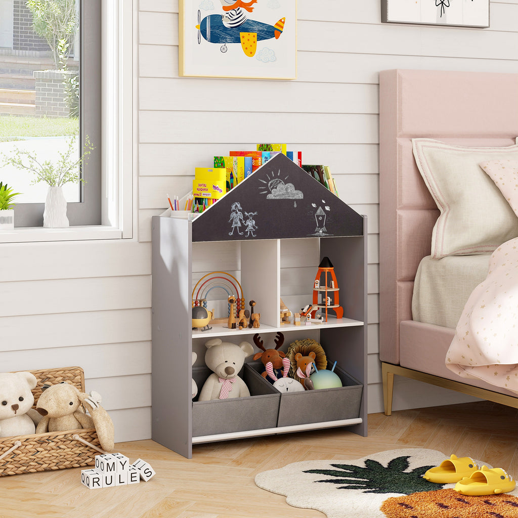 Kids Bookshelf with Chalkboard & Whiteboard Panel - Heavy-Duty Toy Storage Organizer, 4 Top Shelves & 2 Fabric Drawers, Dollhouse Bookcase Suitable for Boys and Girls Room, Furniture for 3-6 Years Old