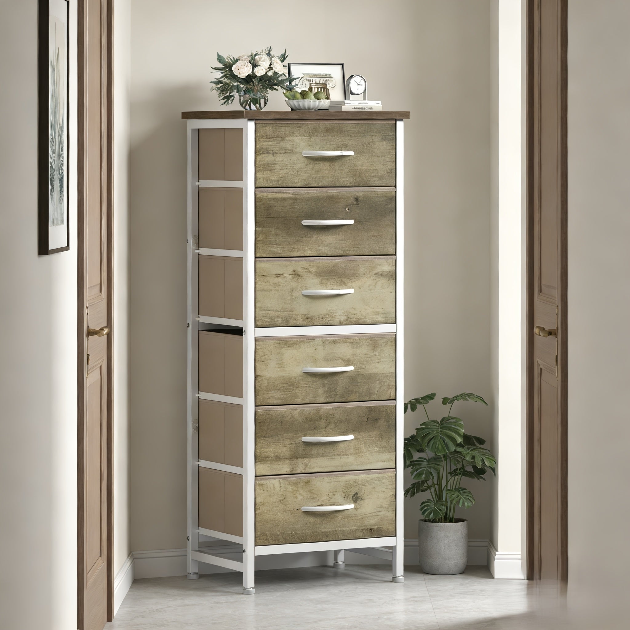 Tall 6-Drawer Fabric Storage Dresser - Metal Frame with Cross Support, Anti-Tip Design & Wood Top for Bedroom, Office, Compact Spaces