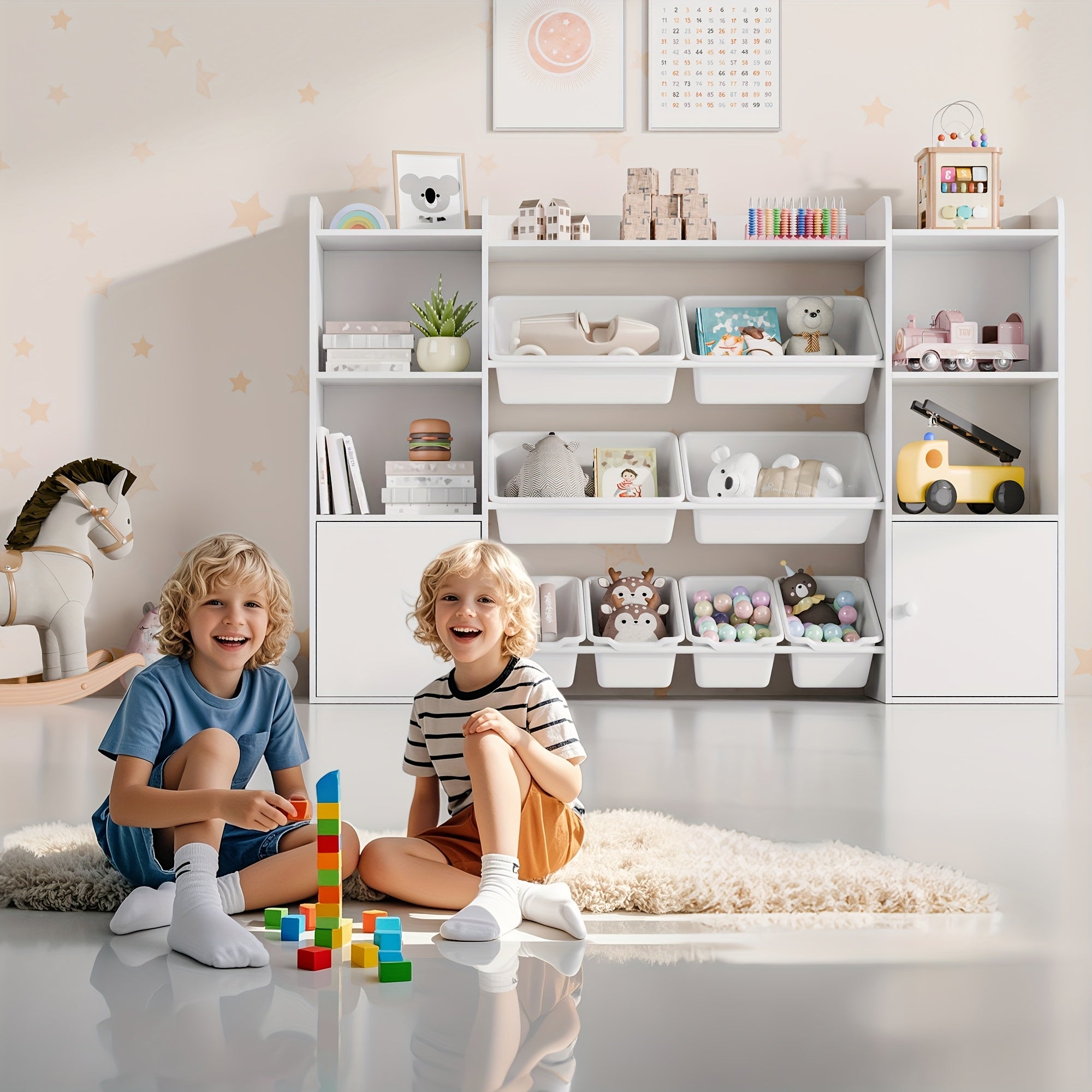 Kids Toy Storage Organizer W\u002F8 Removable Toy Bins, 4-Tier Toy Organizers W\u002F6 Storage Cubbies, Kids Bookshelf And Toy Storage for Playroom, Bedroom, Kids Room, Classroom