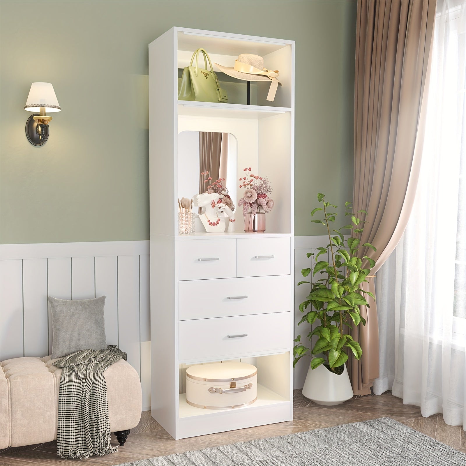 Unikito 25 Inch Closet System with 4 Drawers, 2FT Wood Closet Organizer with Storage Shelves And Mirror Design, Freestanding Sturdy Walk in Closet Tower for Bedroom, 25\