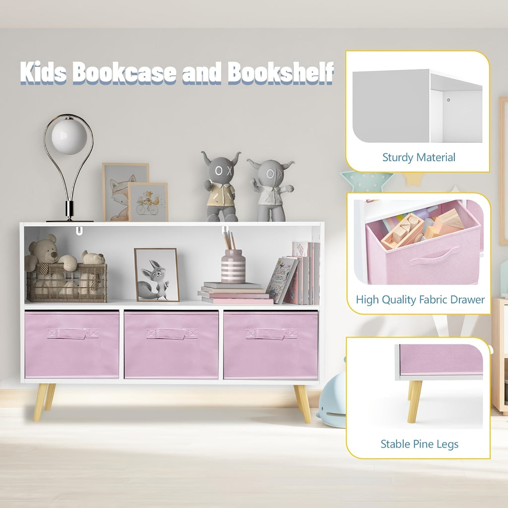 Kids Bookcase & Bookshelf with 3 Collapsible Fabric Drawers - ' Toy Storage Shelf & Book Display, Multi-Shelf Cubby Organizer for ' Room, Playroom, - Durable Children's Furniture (Space-Saving)