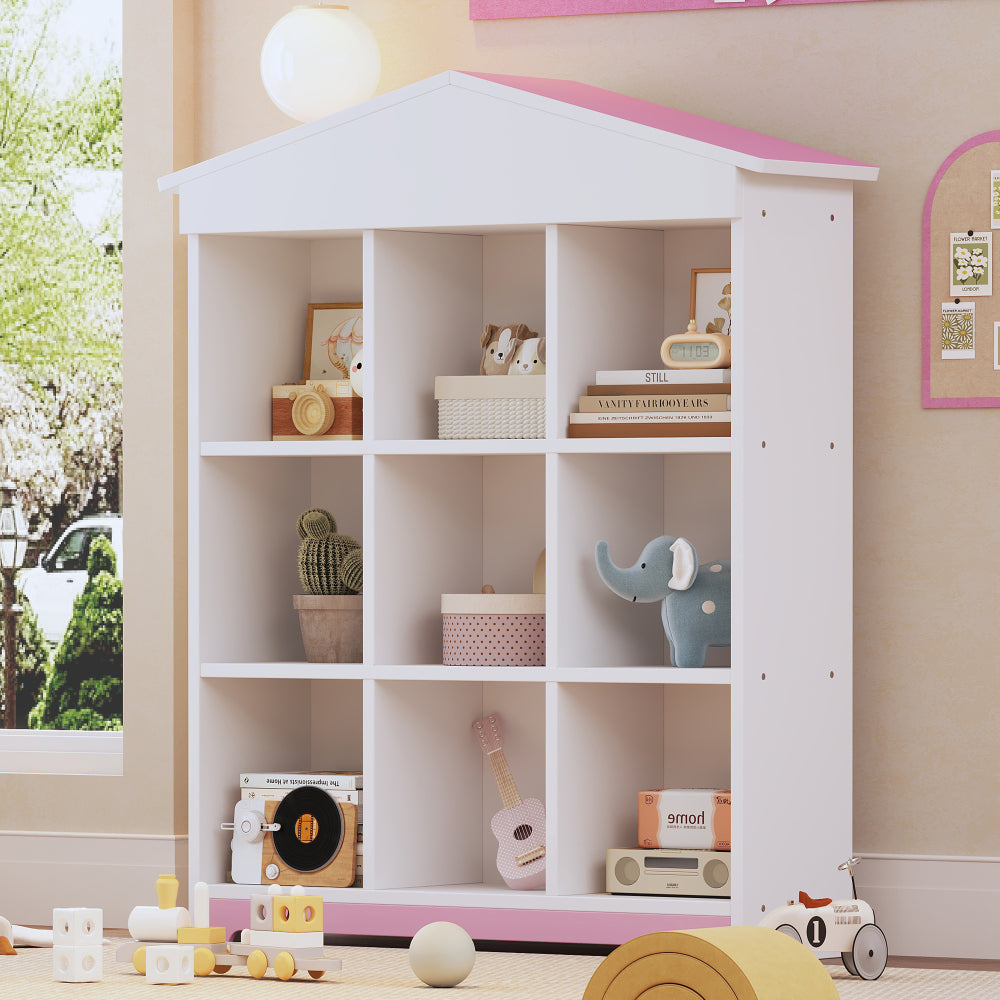 Household indoor nine compartments storage cabinet, house shaped living room storage rack, three tier color blocking design bedroom storage shelves