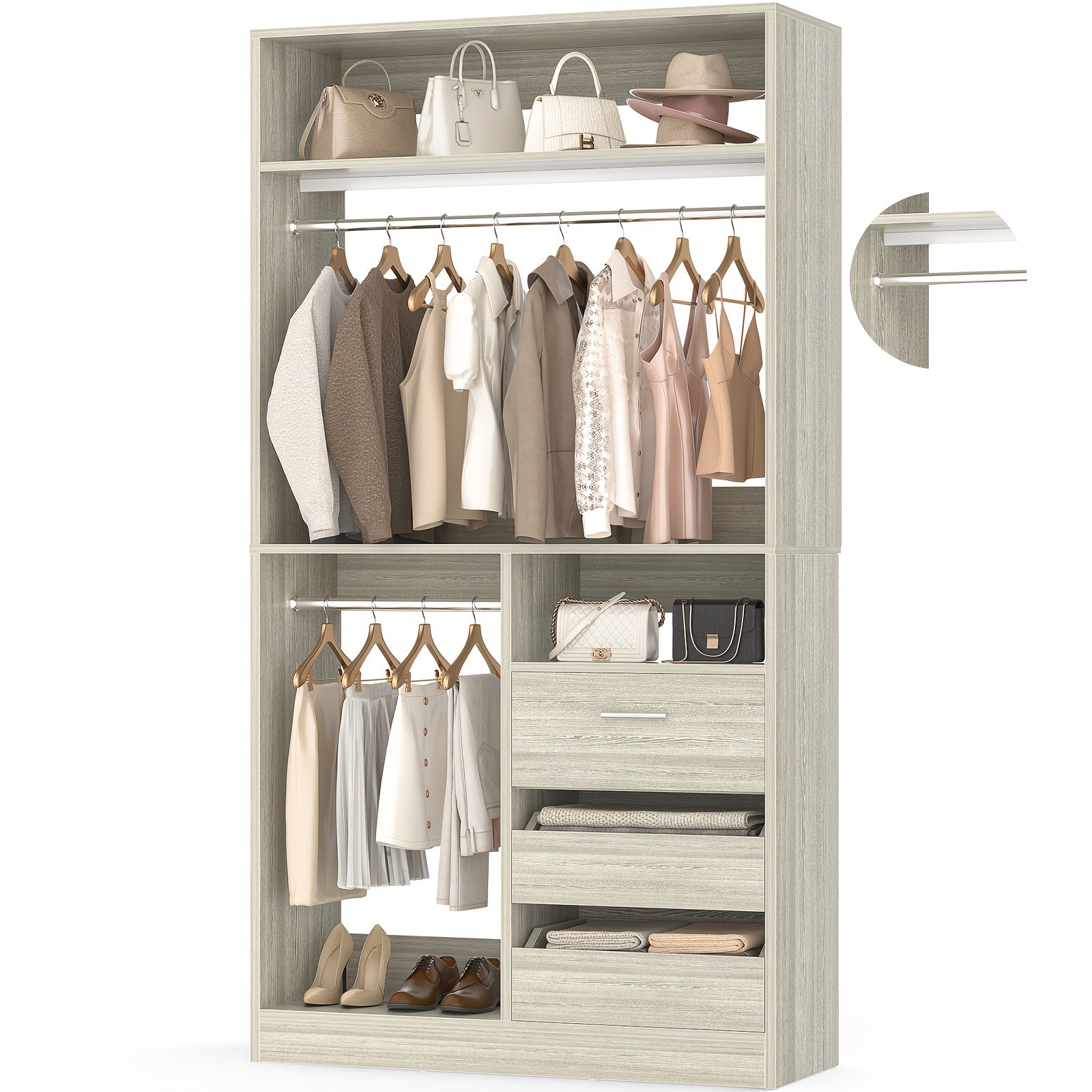 Freestanding Closet System with 3 Drawers - 3ft Wood Closet Organizer System with 2 Hanging Rods And 3 Shelves, Built-In Garment Rack, 36\