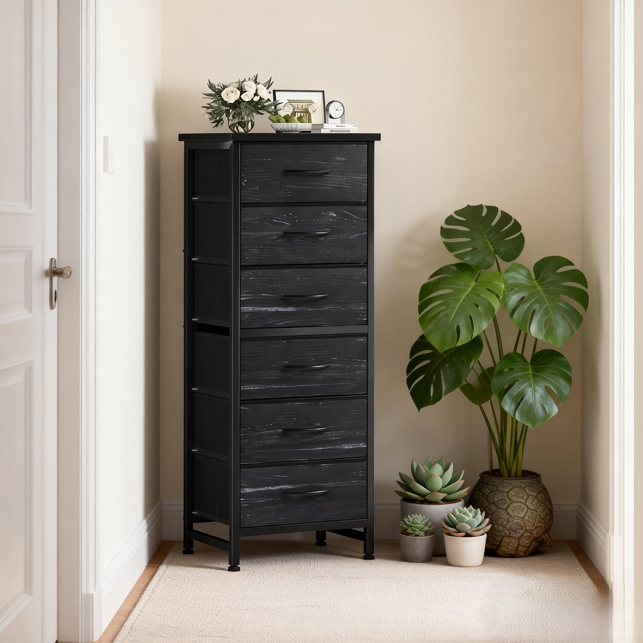 Tall 6-Drawer Fabric Storage Dresser - Metal Frame with Cross Support, Anti-Tip Design & Wood Top for Bedroom, Office, Compact Spaces