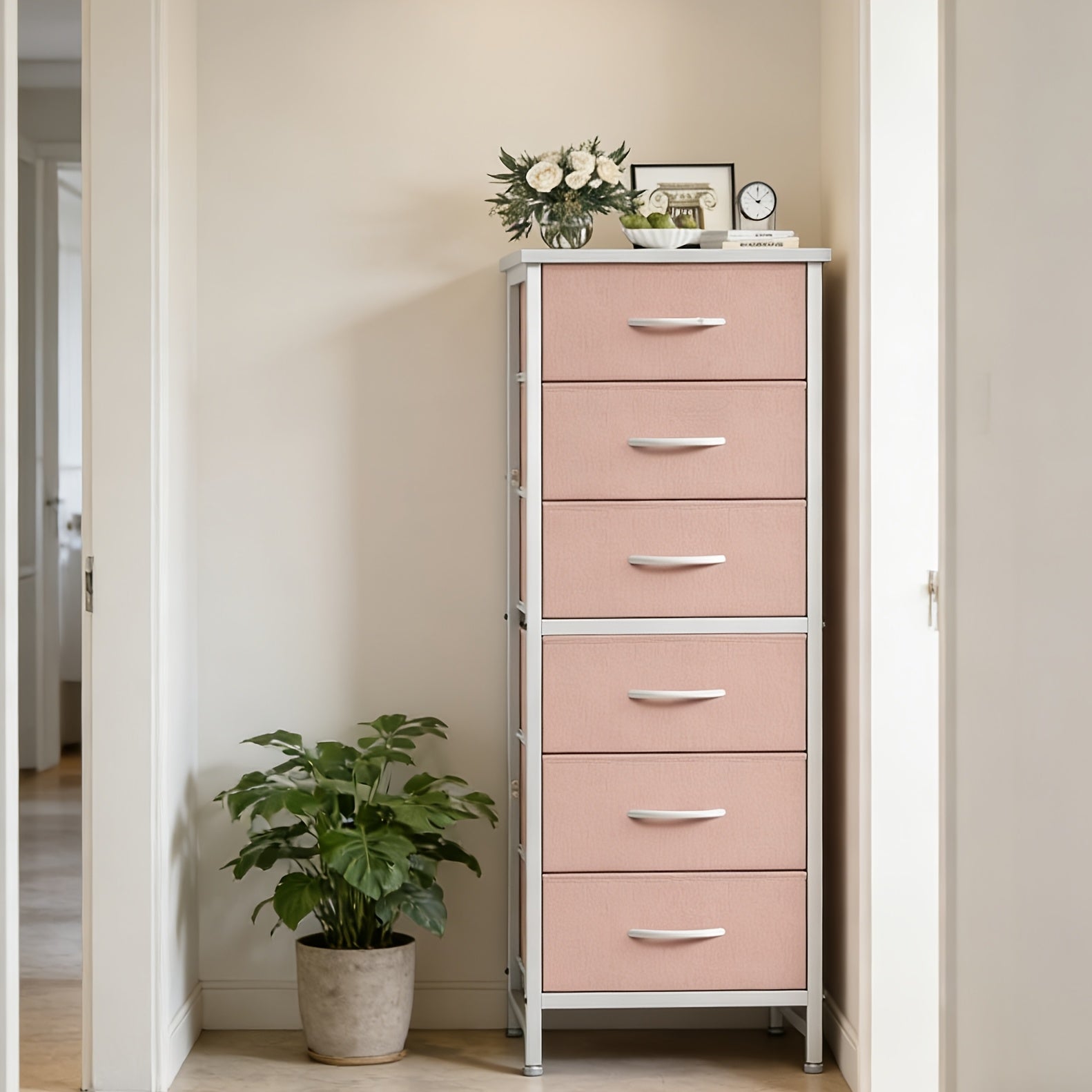 Tall 6-Drawer Fabric Storage Dresser - Metal Frame with Cross Support, Anti-Tip Design & Wood Top for Bedroom, Office, Compact Spaces