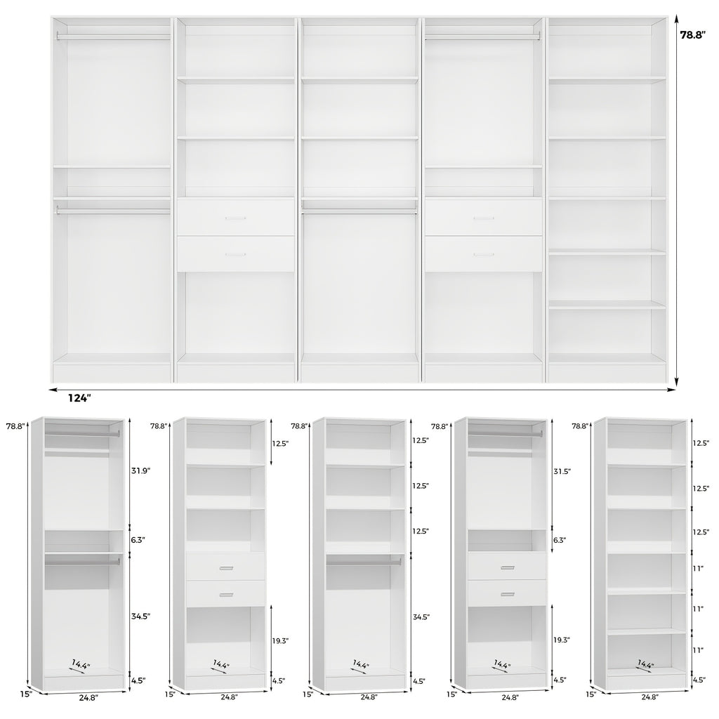 Freestanding Wardrobe Closet, Multi-Functional Clothing Cabinet for Hanging Clothes, Wood Closet Organizer System, Walk-in Closet for Bedroom, Entryway