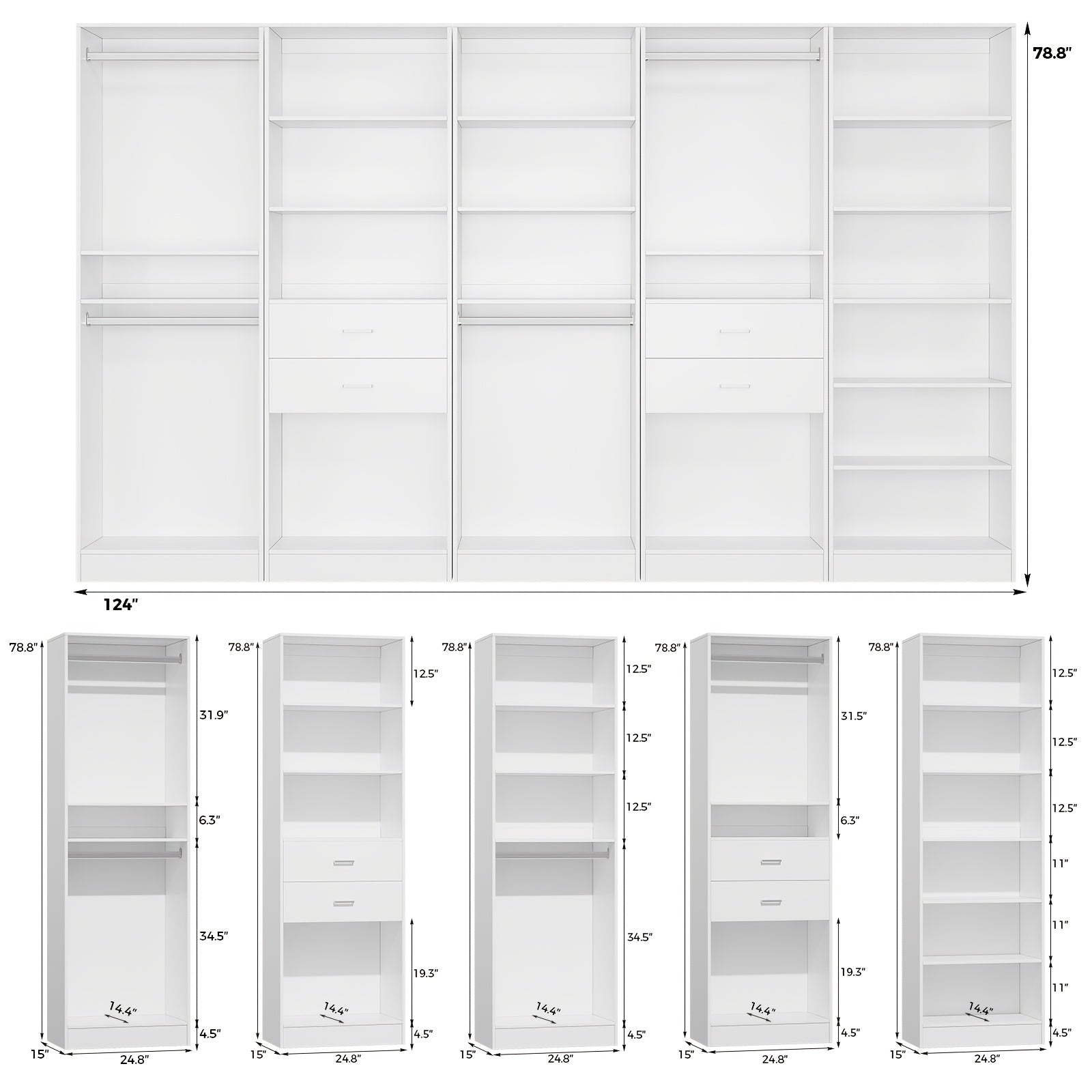 Freestanding Wardrobe Closet, Multi-Functional Clothing Cabinet for Hanging Clothes, Wood Closet Organizer System, Walk-in Closet for Bedroom, Entryway