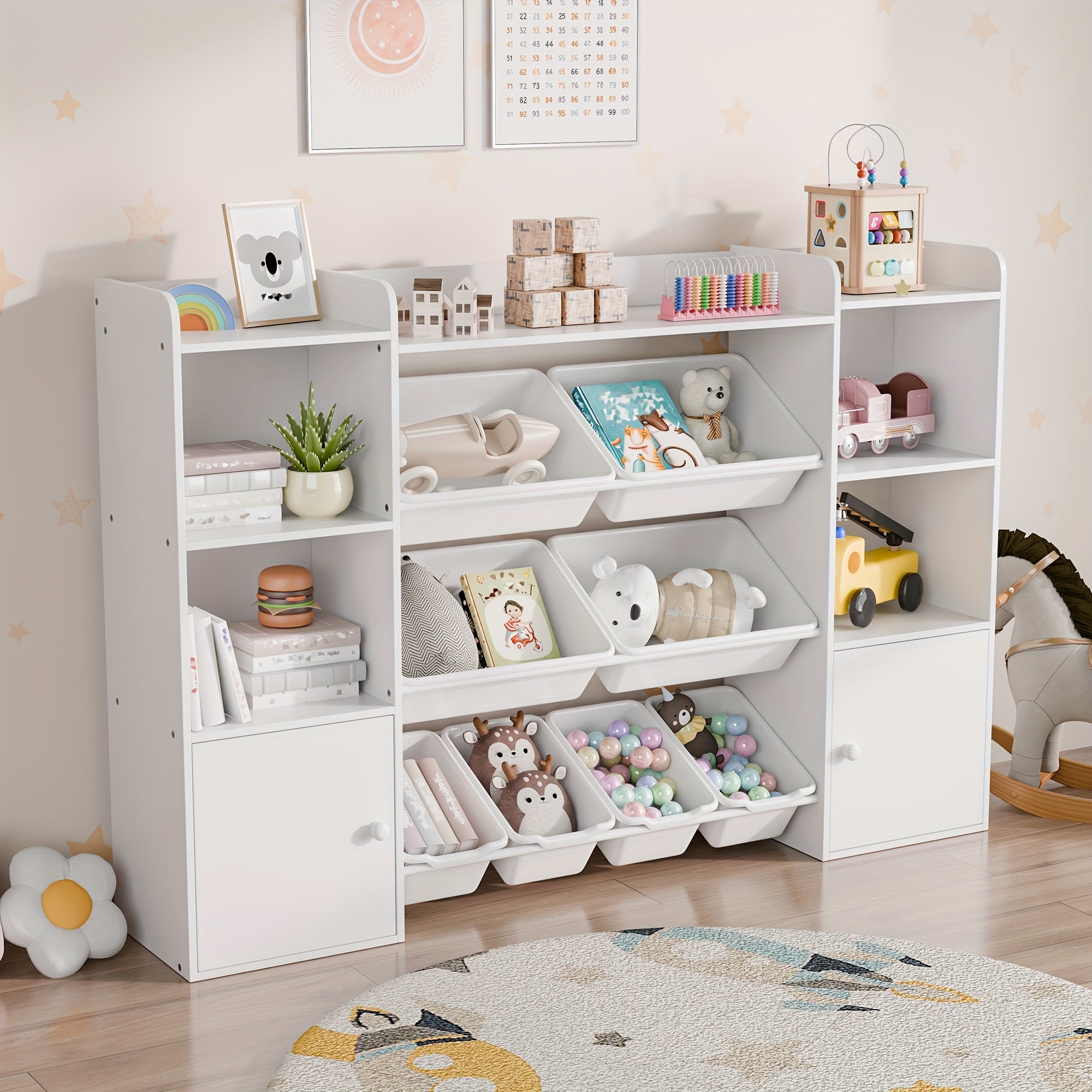 Kids Toy Storage Organizer W\u002F8 Removable Toy Bins, 4-Tier Toy Organizers W\u002F6 Storage Cubbies, Kids Bookshelf And Toy Storage for Playroom, Bedroom, Kids Room, Classroom