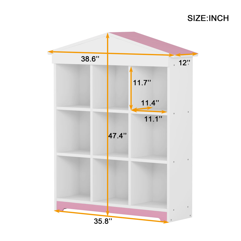 Household indoor nine compartments storage cabinet, house shaped living room storage rack, three tier color blocking design bedroom storage shelves