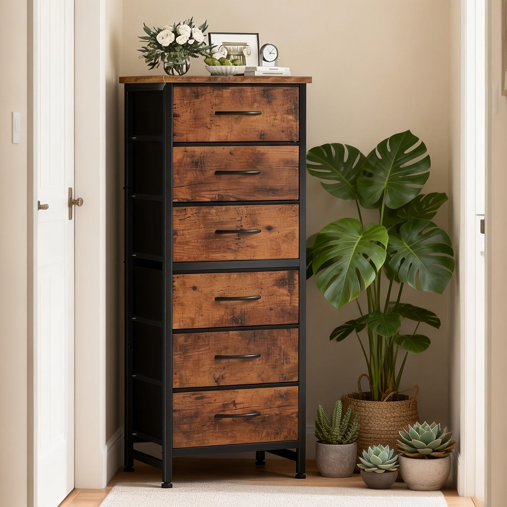 Tall 6-Drawer Fabric Storage Dresser - Metal Frame with Cross Support, Anti-Tip Design & Wood Top for Bedroom, Office, Compact Spaces