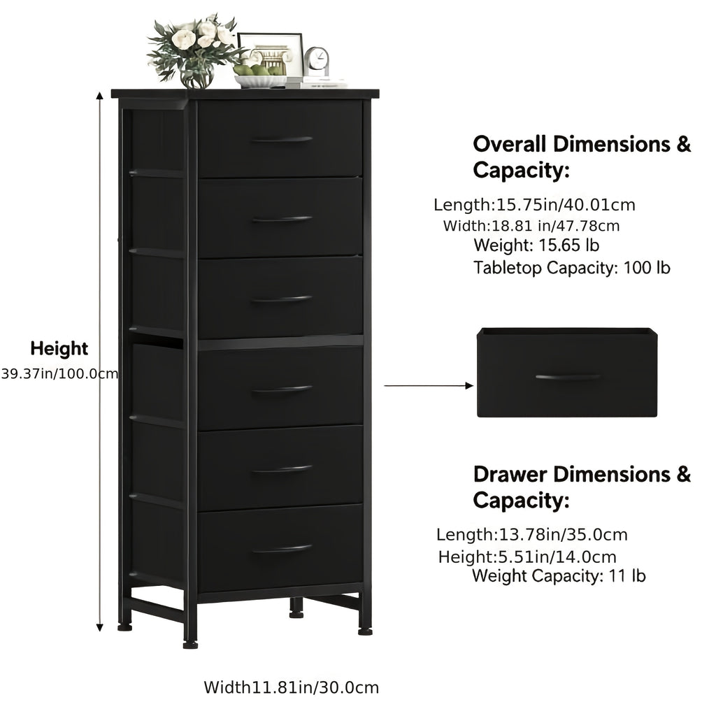 Tall 6-Drawer Fabric Storage Dresser - Metal Frame with Cross Support, Anti-Tip Design & Wood Top for Bedroom, Office, Compact Spaces
