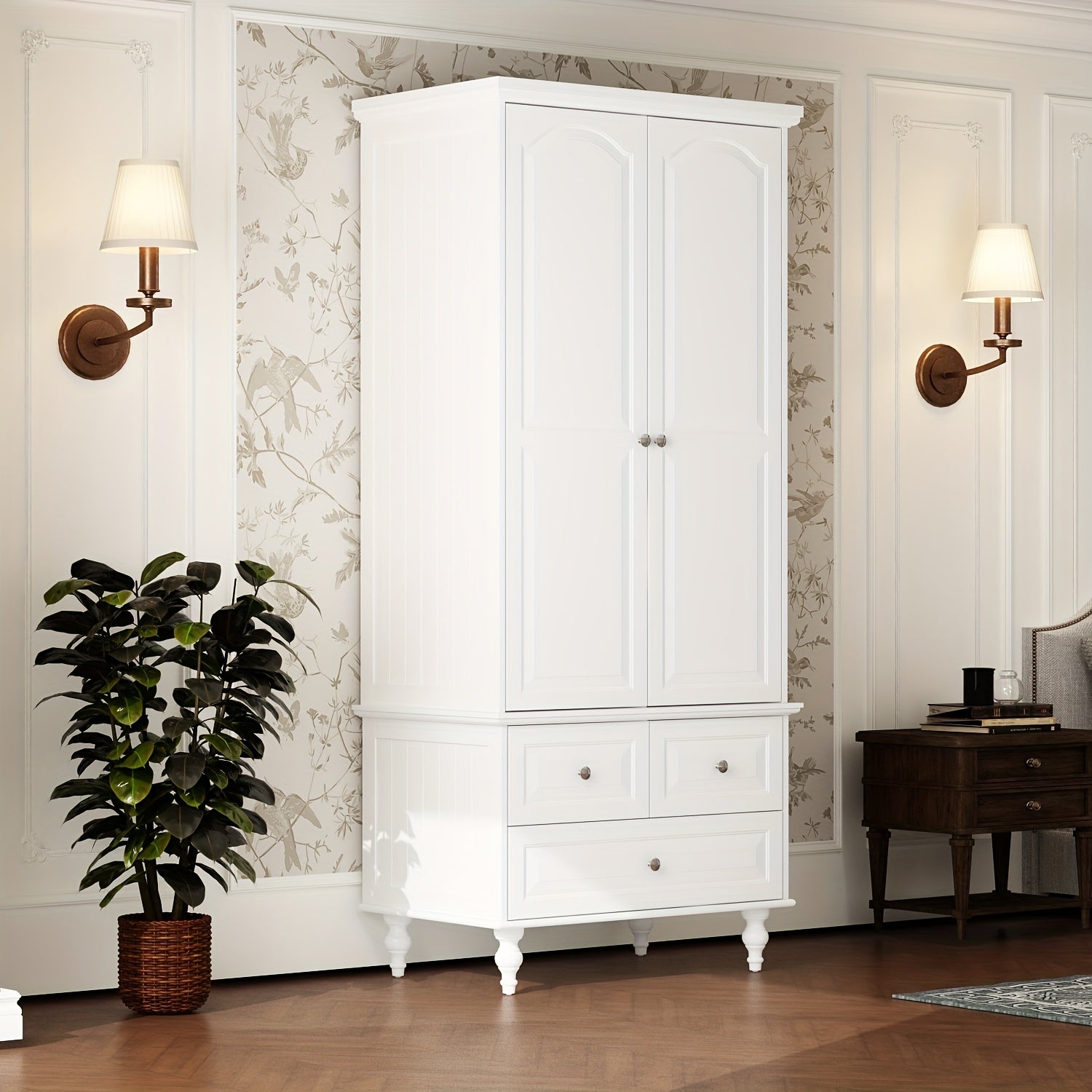 Stylish Wardrobe Cabinet Featuring Three Drawers And Four Shelves, Equipped with a Hanging Rod, Storage Unit with Handles And Wooden Legs, Suitable for Bedrooms And Guest Rooms, Offering Ample Storage Capacity, in White Color
