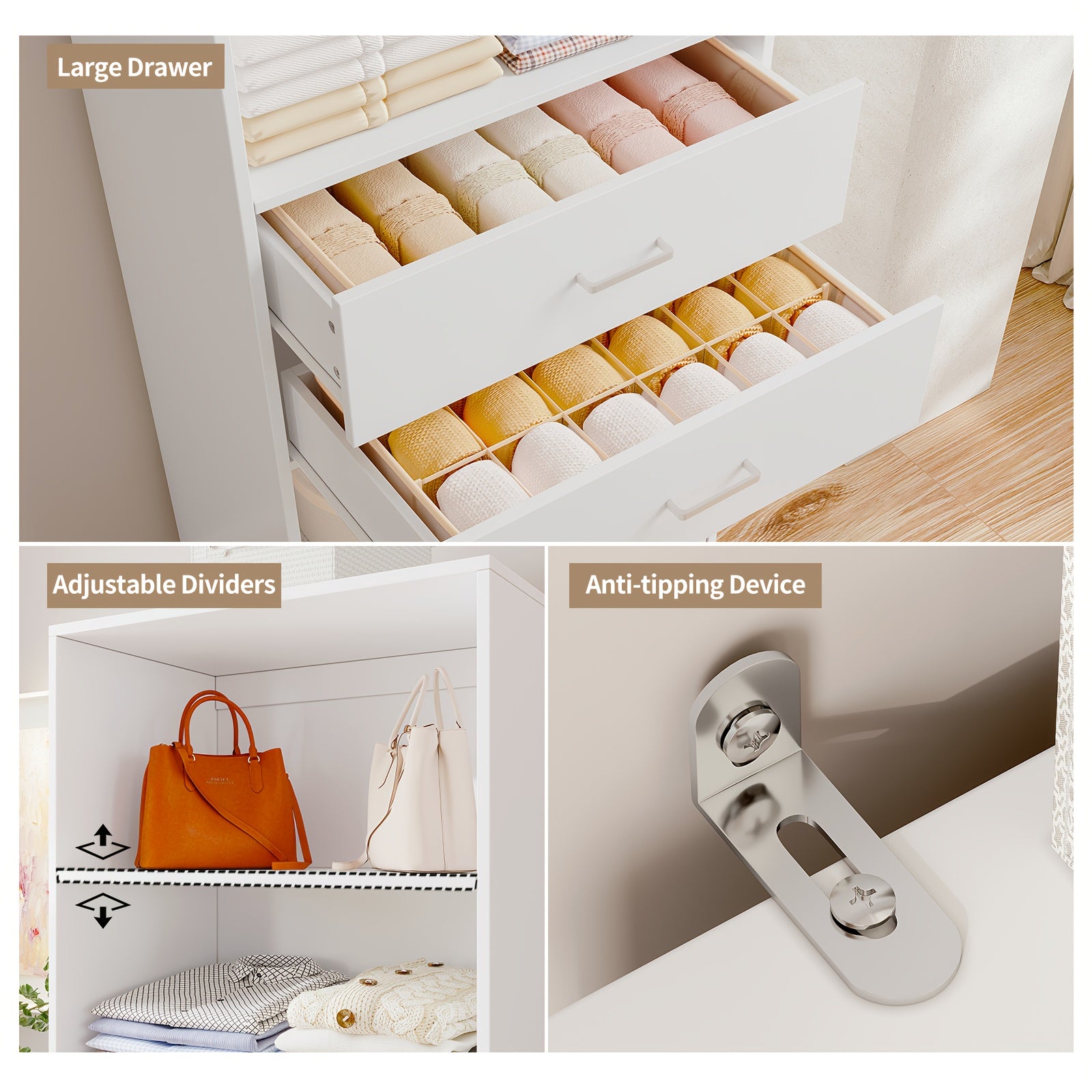 Freestanding Wardrobe Closet, Multi-Functional Clothing Cabinet for Hanging Clothes, Wood Closet Organizer System, Walk-in Closet for Bedroom, Entryway