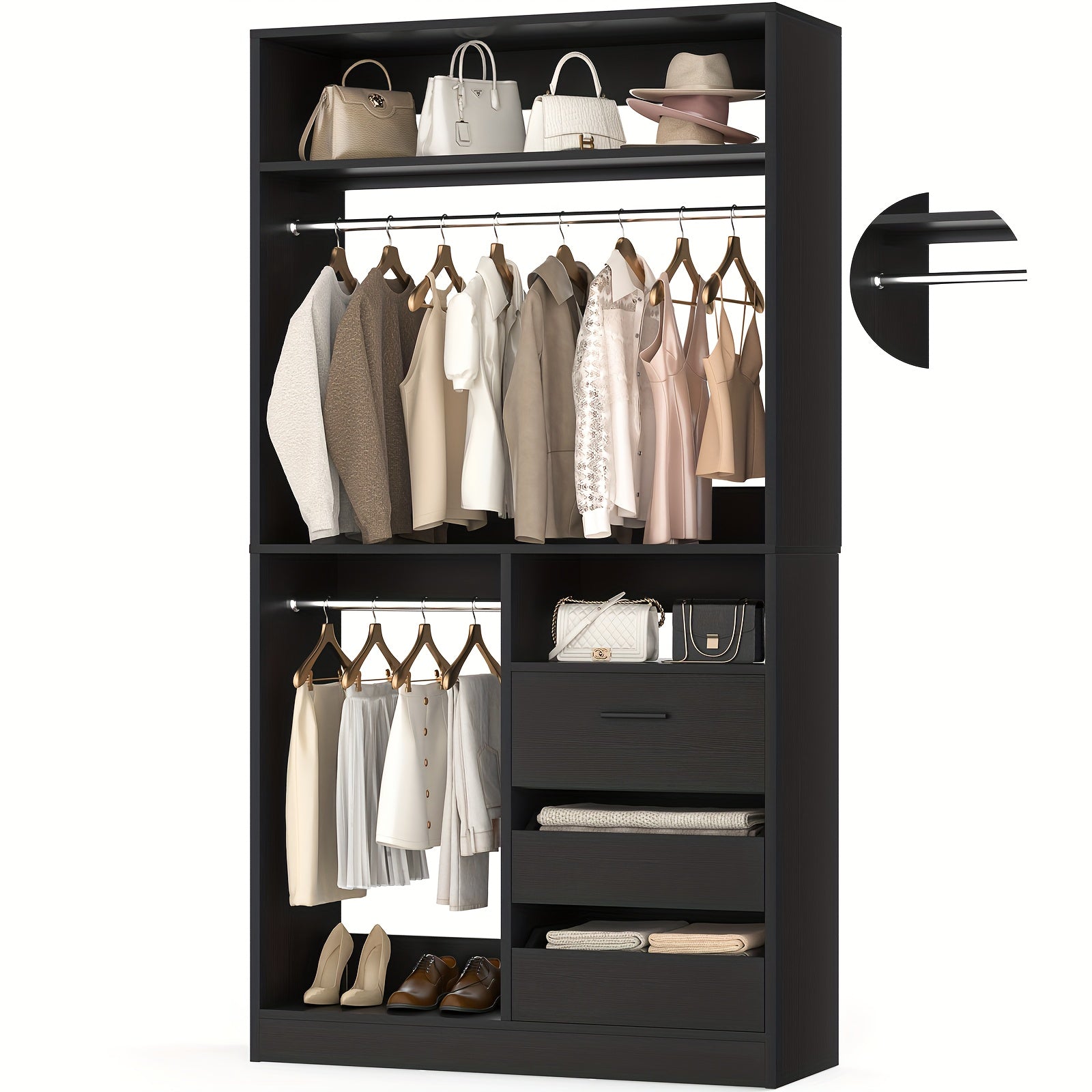 Freestanding Closet System with 3 Drawers - 3ft Wood Closet Organizer System with 2 Hanging Rods And 3 Shelves, Built-In Garment Rack, 36\