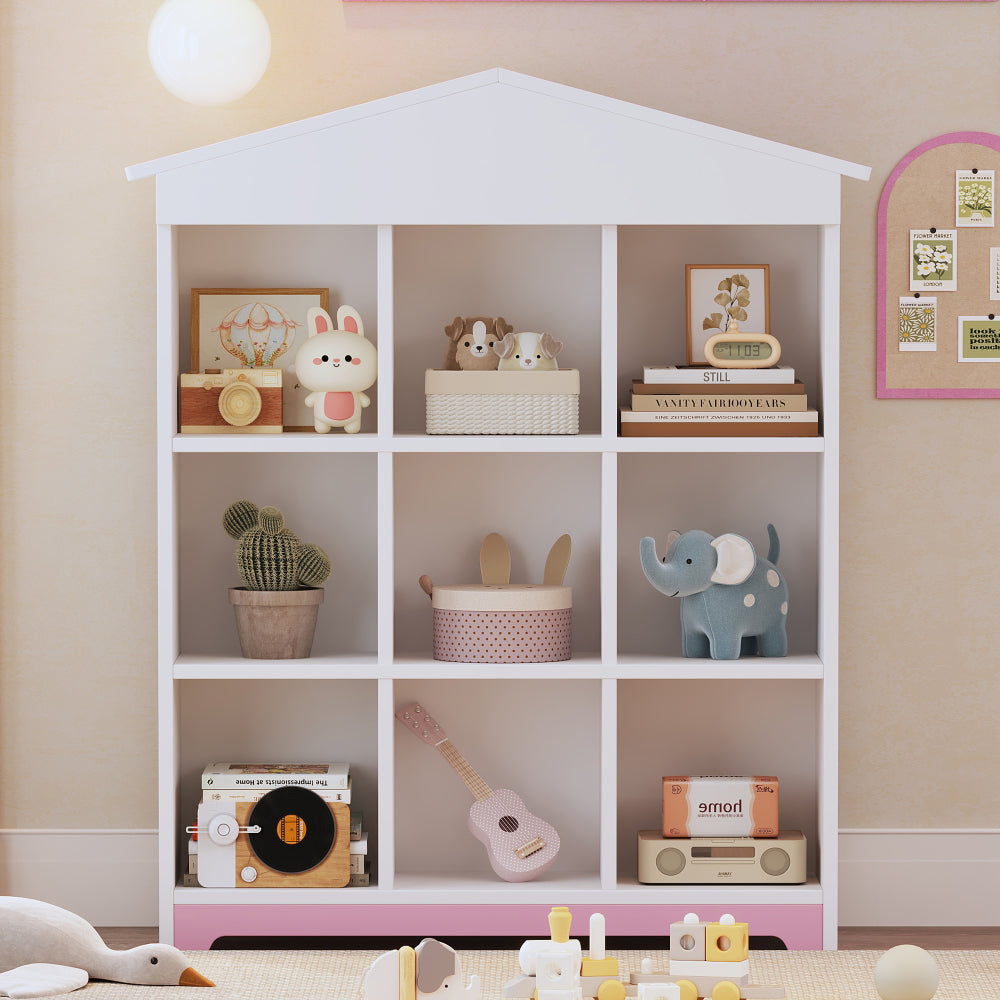 Household indoor nine compartments storage cabinet, house shaped living room storage rack, three tier color blocking design bedroom storage shelves
