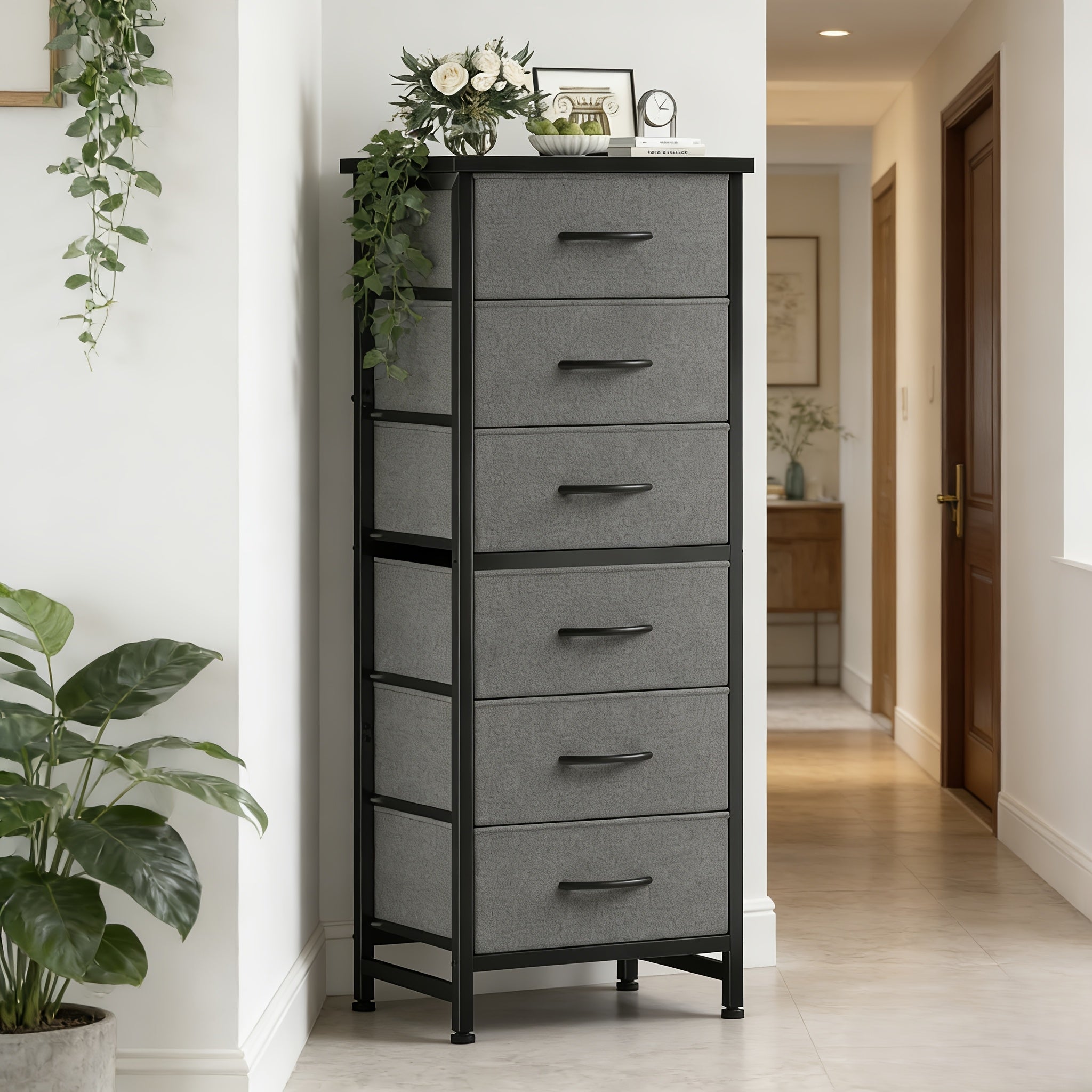 Tall 6-Drawer Fabric Storage Dresser - Metal Frame with Cross Support, Anti-Tip Design & Wood Top for Bedroom, Office, Compact Spaces