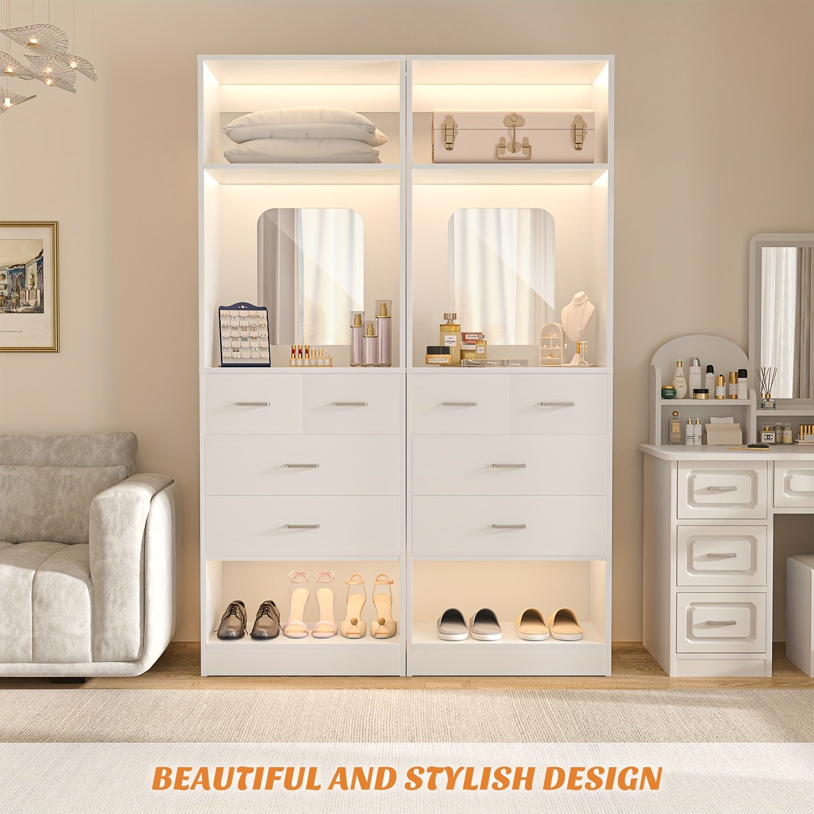 Unikito 25 Inch Closet System with 4 Drawers, 2FT Wood Closet Organizer with Storage Shelves And Mirror Design, Freestanding Sturdy Walk in Closet Tower for Bedroom, 25\