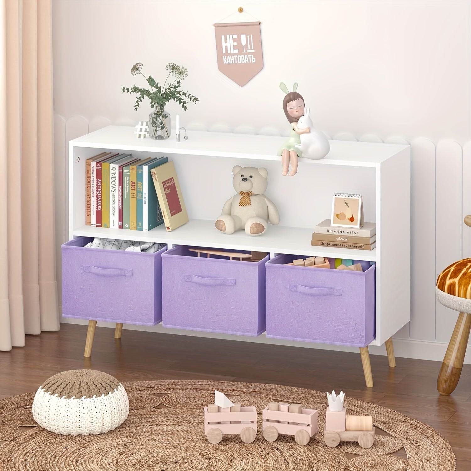 Kids Bookcase & Bookshelf with 3 Collapsible Fabric Drawers - ' Toy Storage Shelf & Book Display, Multi-Shelf Cubby Organizer for ' Room, Playroom, - Durable Children's Furniture (Space-Saving)