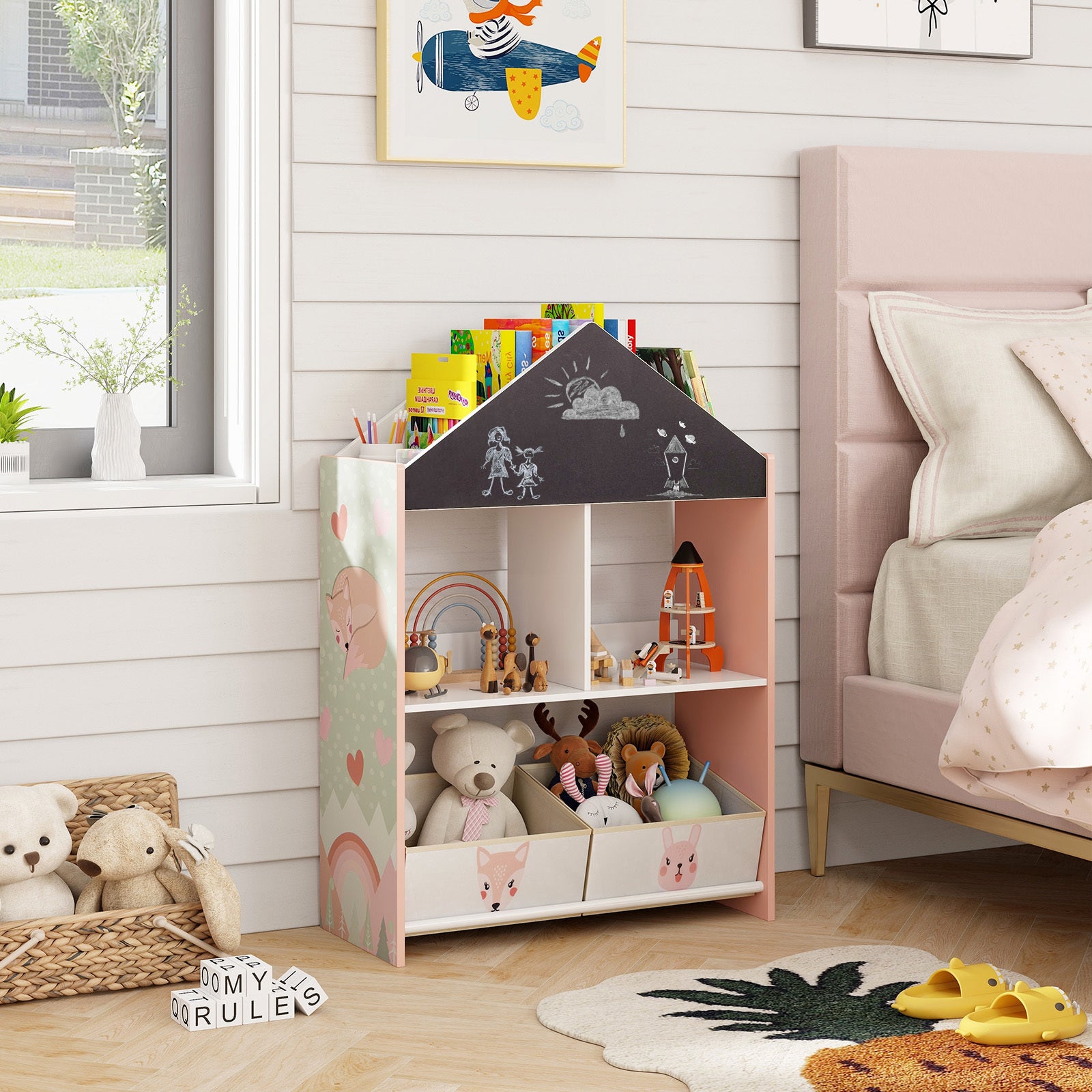 Kids Bookshelf with Chalkboard & Whiteboard Panel - Heavy-Duty Toy Storage Organizer, 4 Top Shelves & 2 Fabric Drawers, Dollhouse Bookcase Suitable for Boys and Girls Room, Furniture for 3-6 Years Old