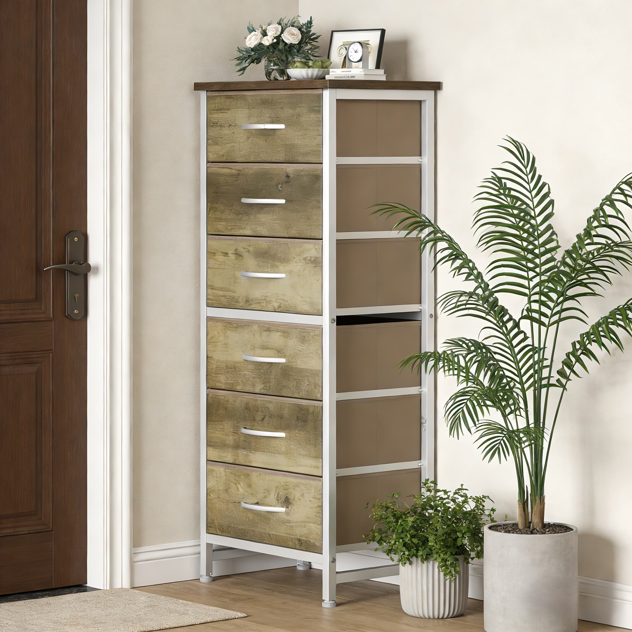 Tall 6-Drawer Fabric Storage Dresser - Metal Frame with Cross Support, Anti-Tip Design & Wood Top for Bedroom, Office, Compact Spaces